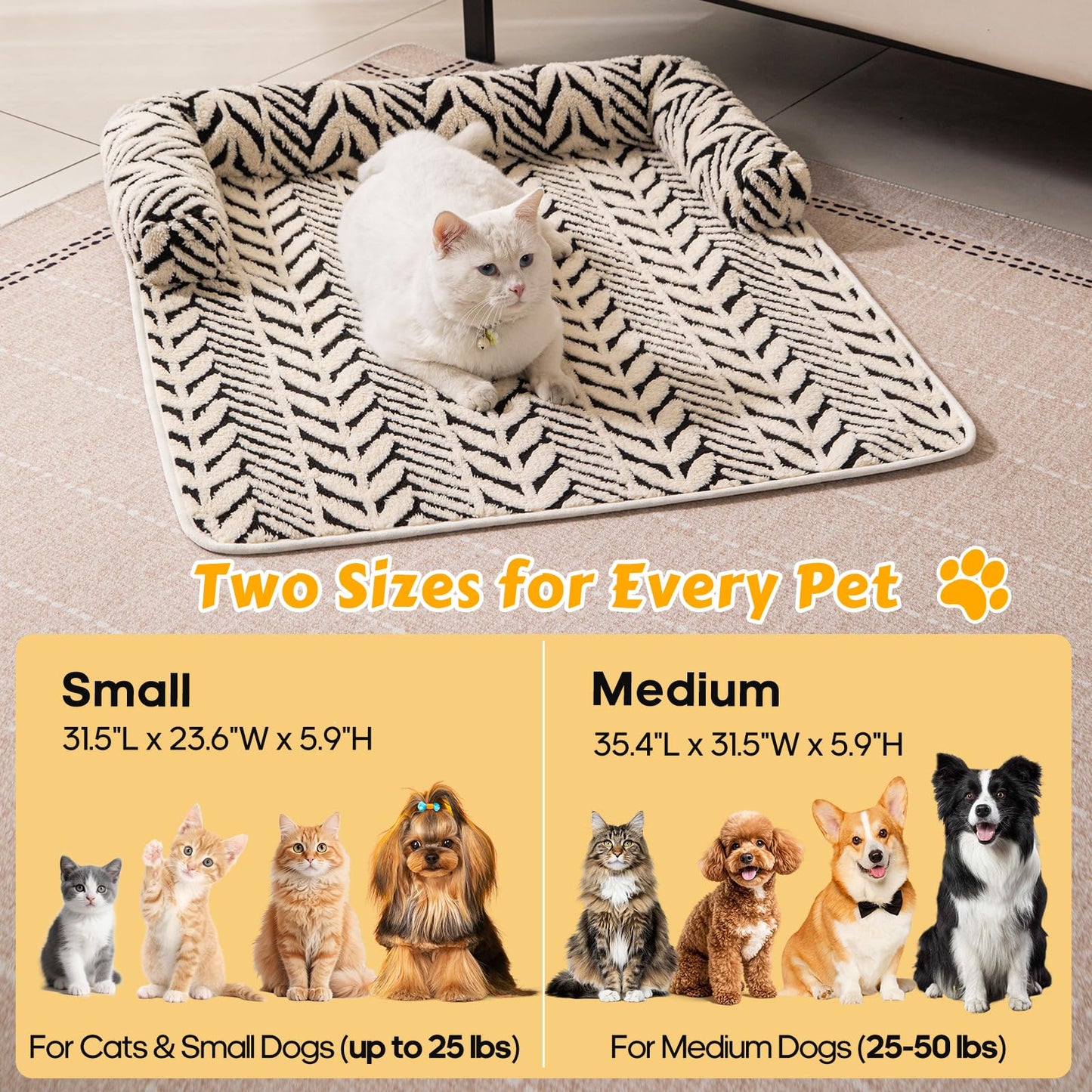 Calming Dog Bed Mats with Neck & Head Support, Soft Flannel Pet Couch Bed for Small and Medium Dogs & Cats, Pet Washable Couch Covers for Sofa