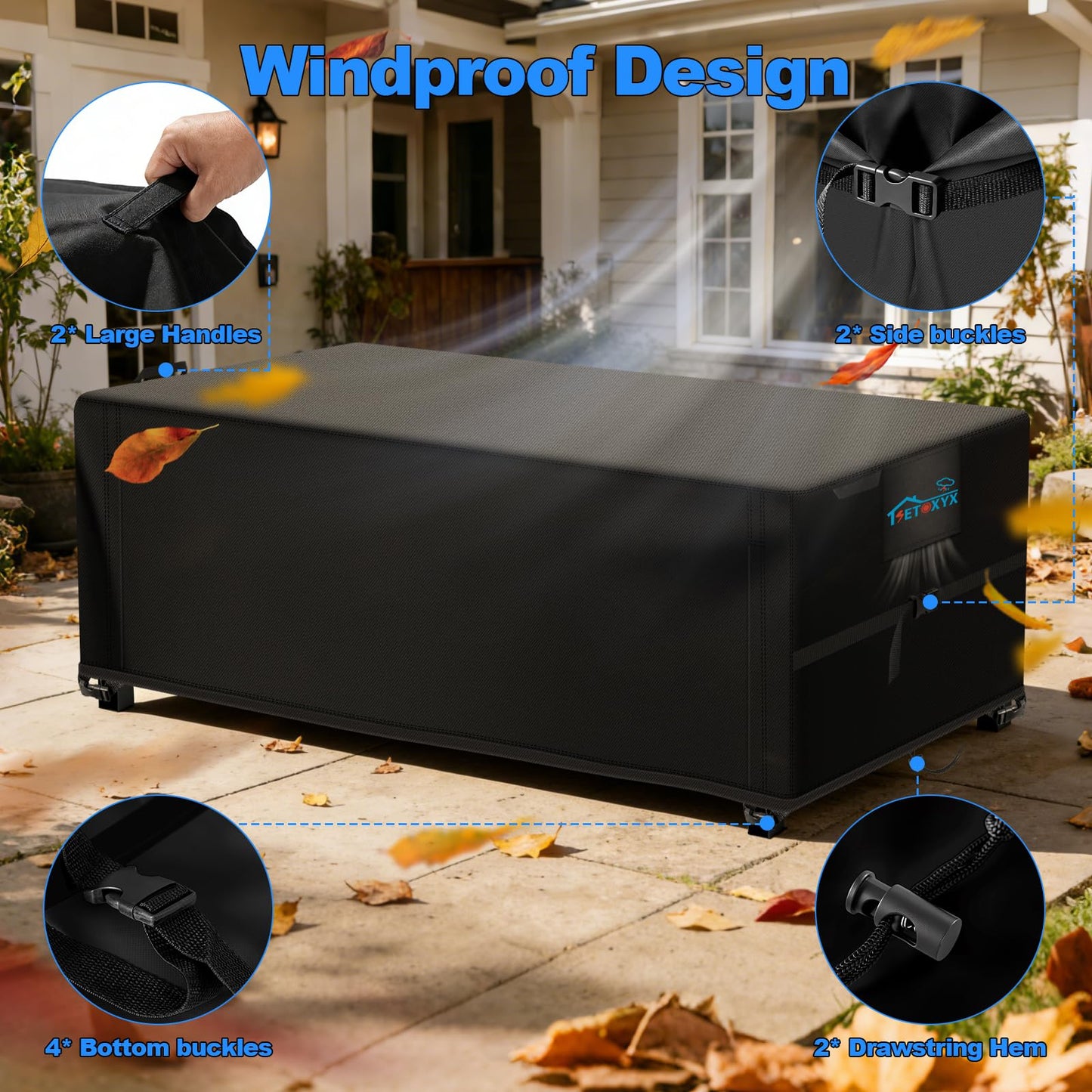 SETOXYX Patio Furniture Covers Rectangle, 420D Outdoor Furniture Set Covers, Waterproof Outside Table Covers Furniture Covers with Flip-Open Zipper Design, Windproof Buckle Straps,90" Lx62 Wx28.3 H