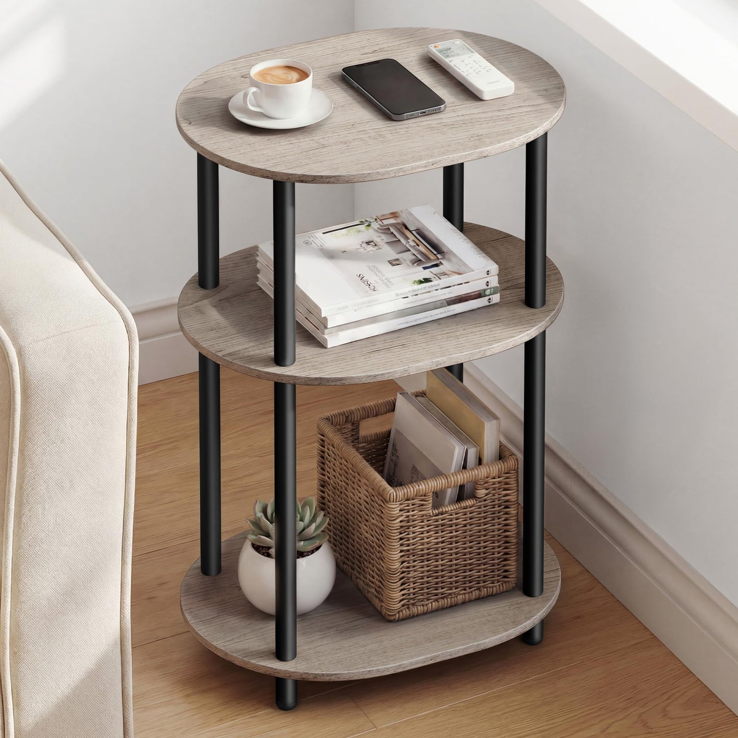 VASAGLE Side Table, Small End Table, Tall Nightstand for Living Room, Bedroom, Office, Bathroom, Steel Frame, Industrial Style, Oval, Heather Greige and Ink Black ULET288L101