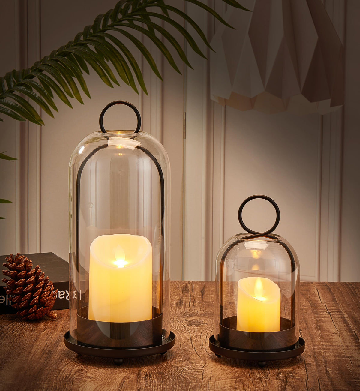 BUZFOWU Candle Holder Lanterns, Handcrafted Metal & Glass with Modern Aesthetic Design, Hurricane Pillar Candlestick Holders, Table or Hanging Decorations Set of 2, 5.1" & 4.4" Diameter, Black