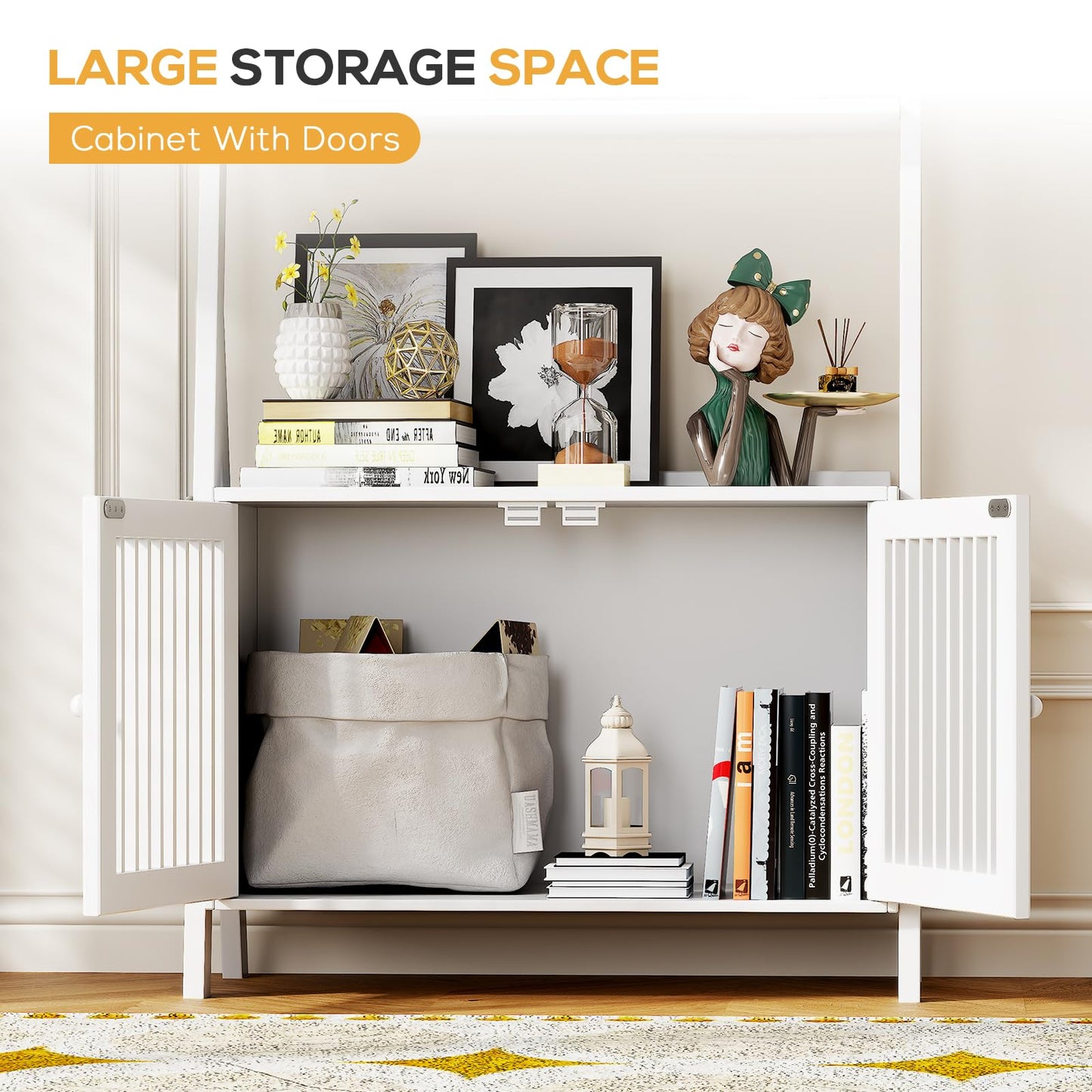 Bookcase with Drawers, 4-Tier Bamboo Bookshelf Ladder Shelf with 6 Hooks, 59.5"H x 24.8"L x 10.6"W, Tall Narrow Freestanding Standing Storage Organizer for Living Room, Office, Bedroom, White