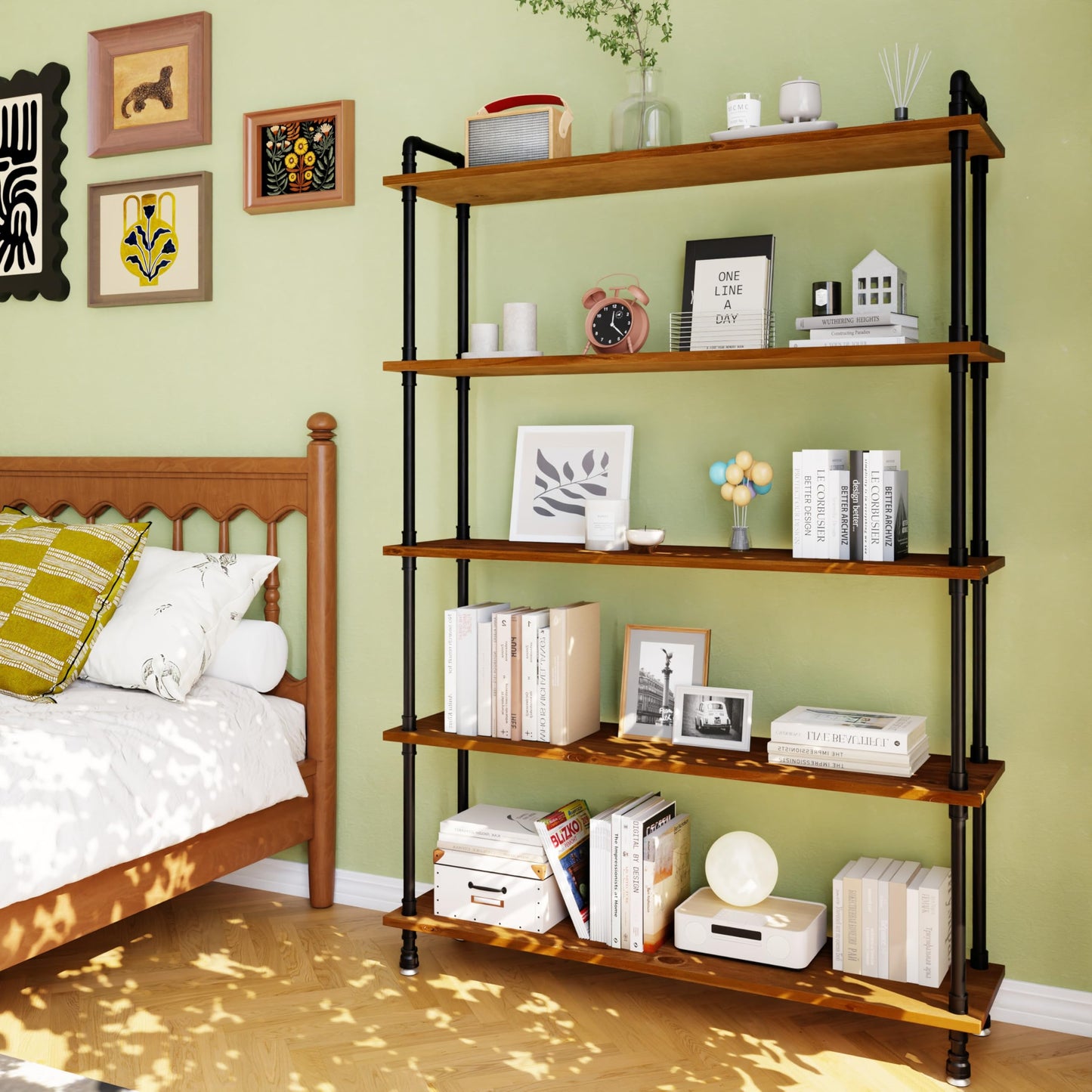 Anynice Industrial Bookshelf, Rustic Open Bookcase, 5 Tier Wood and Metal Bookshelf, Solid Pine Wood and Iron Pipe Tall Narrow Storage Shelf for Living Room Bedroom Office Kitchen