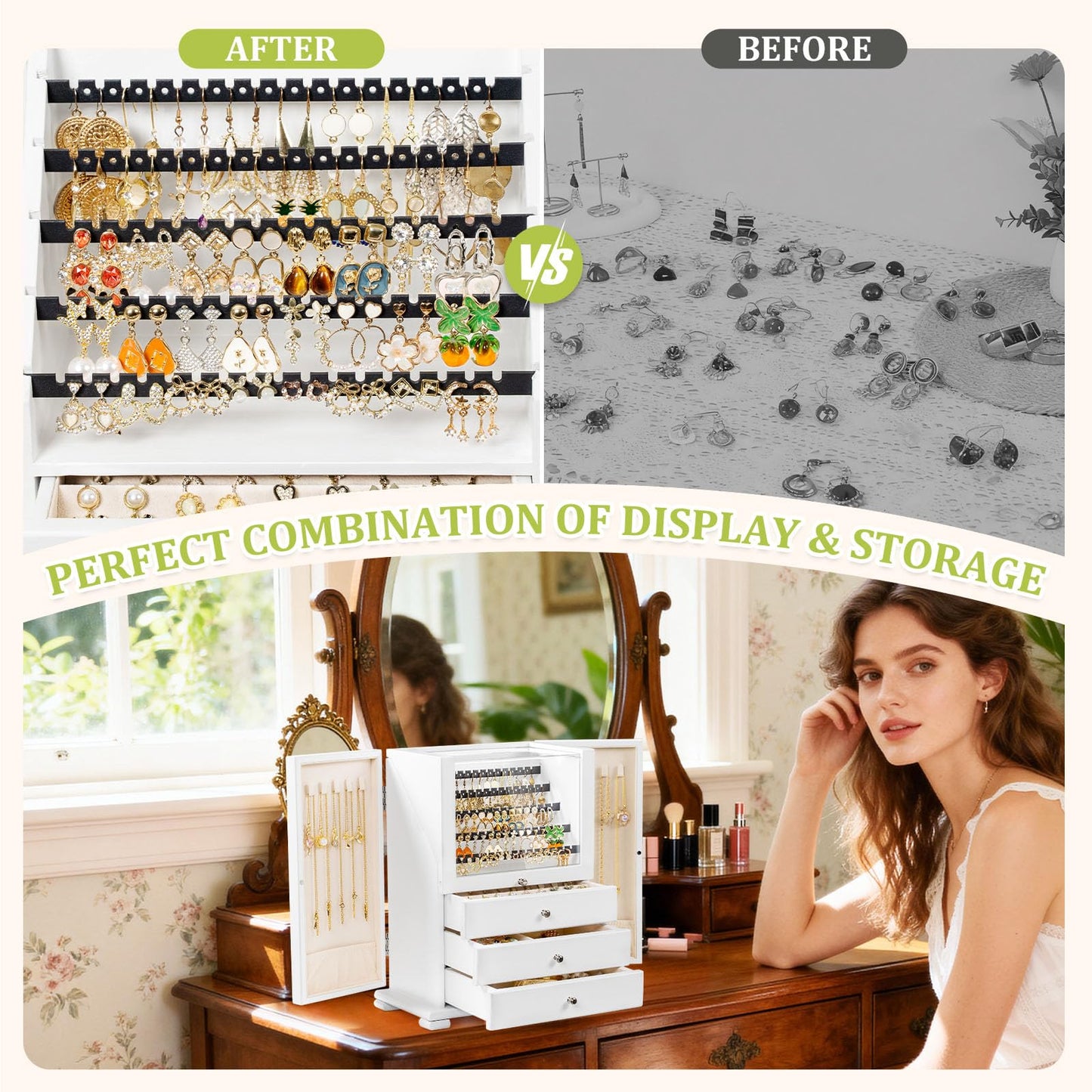 Srillollar Jewelry Box Organizer, Rustic Wooden Jewelry Boxes for Women Girls, Large Storage Earring Holder Organizer Display for Earrings Necklaces Rings Bracelets (White)