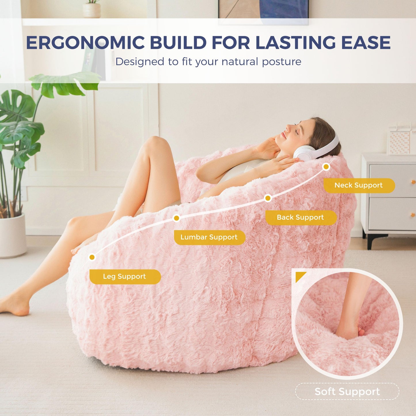 MAXYOYO Giant Bean Bag Chair for Adults, Stuffed Shell-Shaped Large Bean Bag Couch, Cozy Living Room Chair with Filler, Lazy Floor Sofa for Bedroom Living Room, Pale Pink
