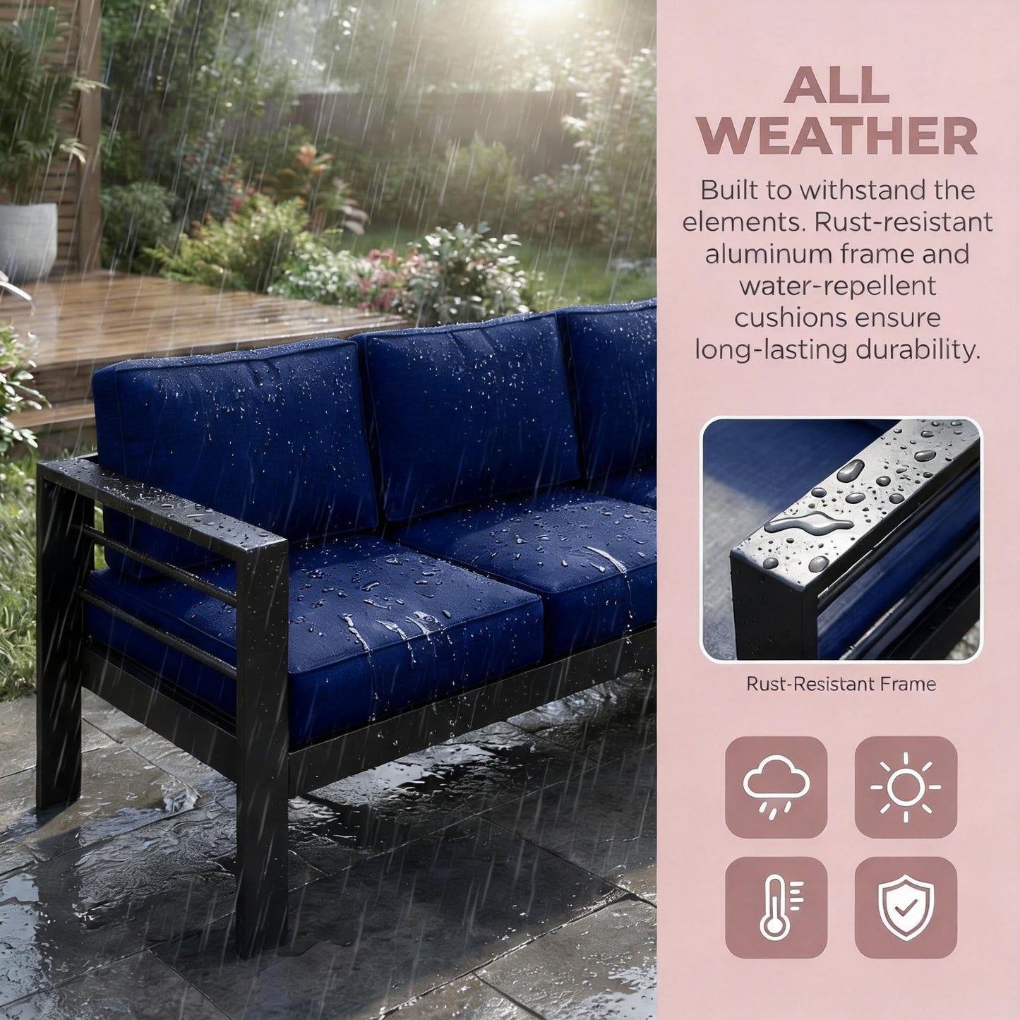 Kiss the Water 3 Seats Aluminum Outdoor Patio Sofa Set, All Weather Rust-Proof Metal Patio Couch, Modern Outdoor Furniture for Backyard Porch Garden, 5" Thick Waterproof Olefin Cushions, Light Grey
