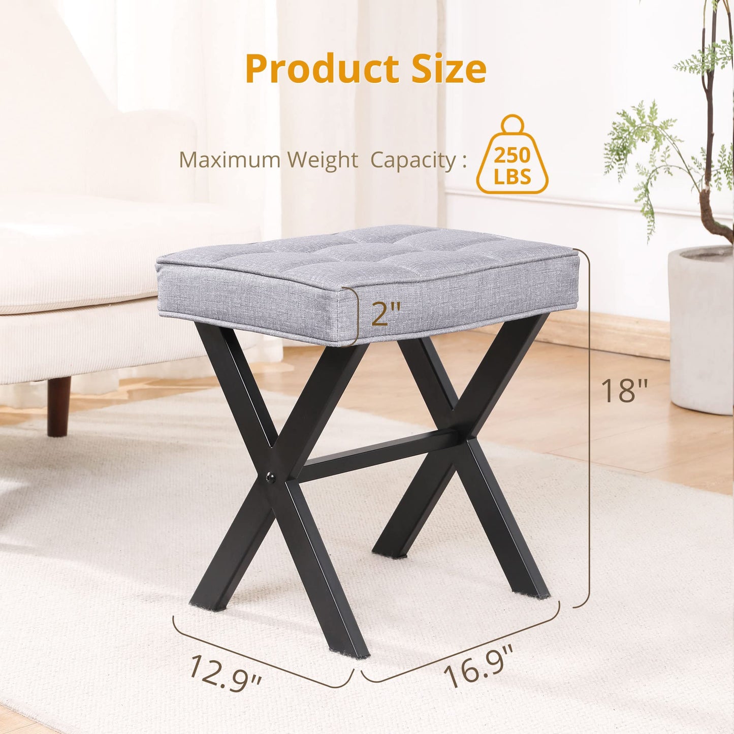LUE BONA Vanity Stool - Square Linen Makeup Seat With Metal X Legs, Small Ottoman Chair for Makeup Room, Living Room, Bathroom - Modern Padded Foot Rest, Dark Gray