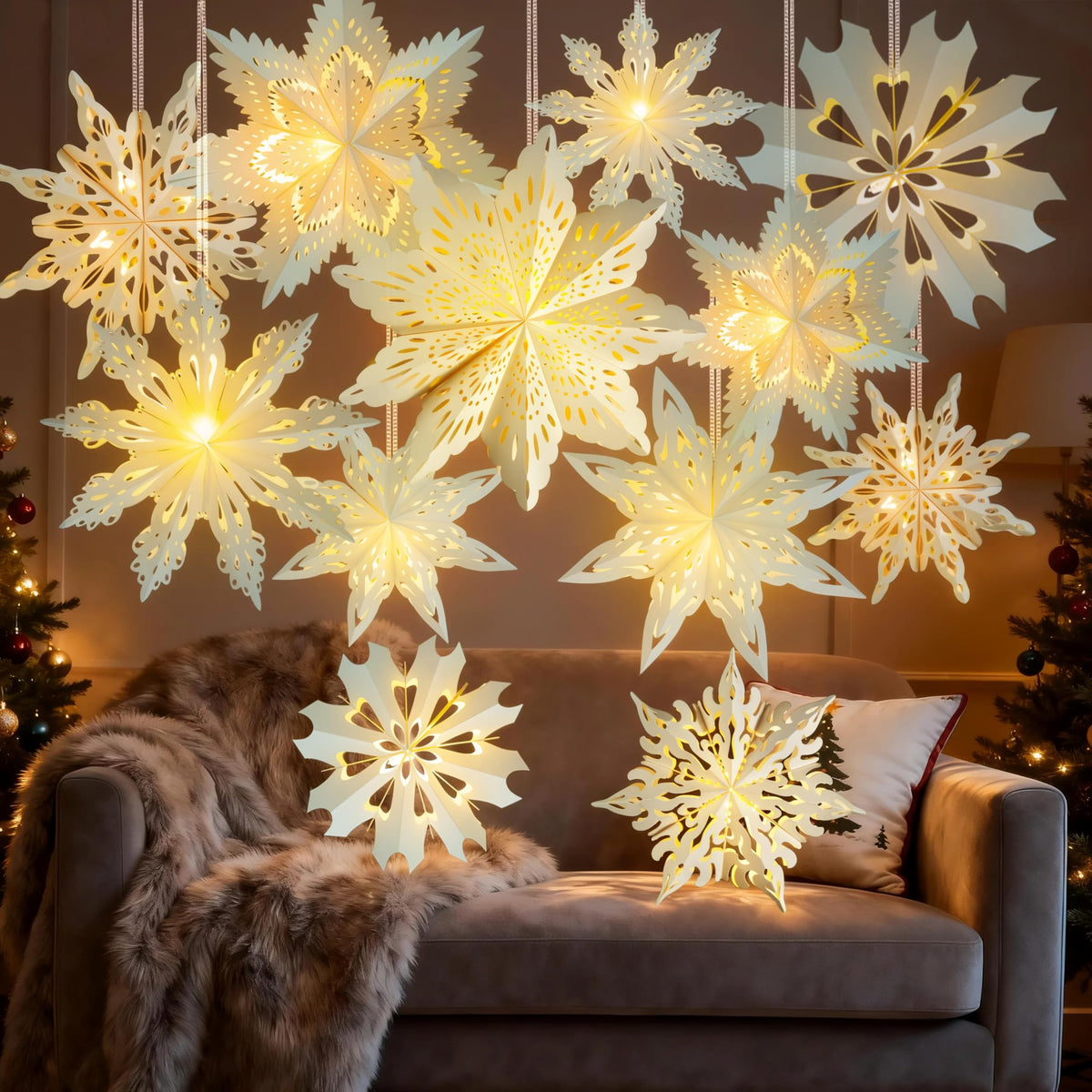 12 Pcs Christmas Paper Snowflake Lanterns, 3D Christmas Paper Star Lanterns with LED Lights, 10/12 Inch White Hanging Snowflake Lamps for Xmas Winter Frozen Weddings New Year Party Decorations