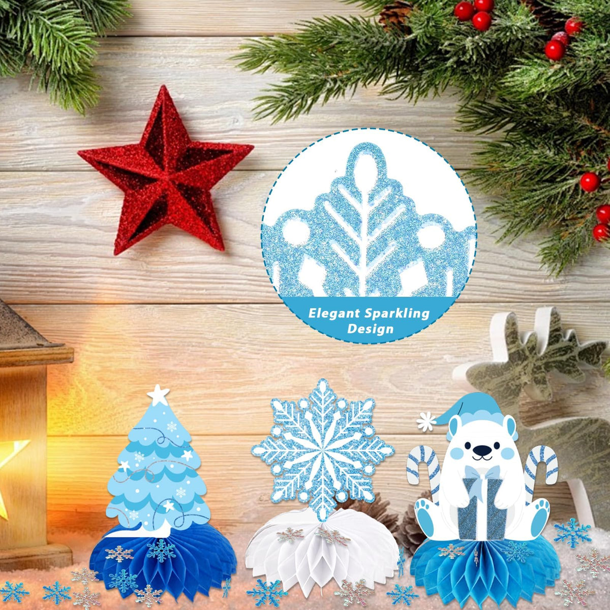 Frozen Winter Wonderland Party Decorations - 12 Pack Winter Themed Snowflake Honeycomb Table Centerpieces and 600pcs Snowflake Confetti for Christmas Holiday Winter Birthday Baby Shower Party Supplies