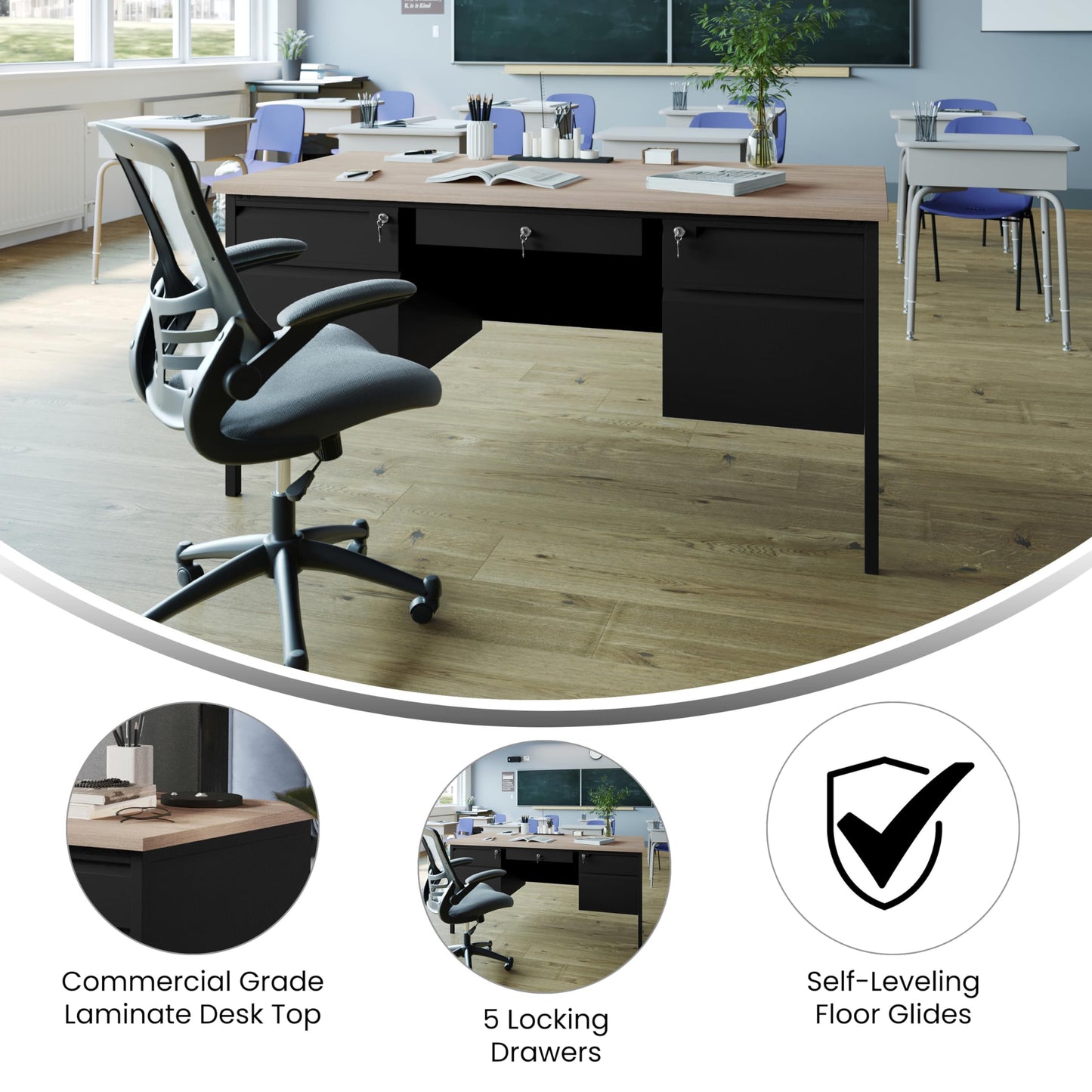 Flash Furniture Cambridge Double Pedestal Desk with 5 Locking Drawers, Commercial Grade Teacher's or Office Desk, 30x60, Metal Frame, White Oak/Black