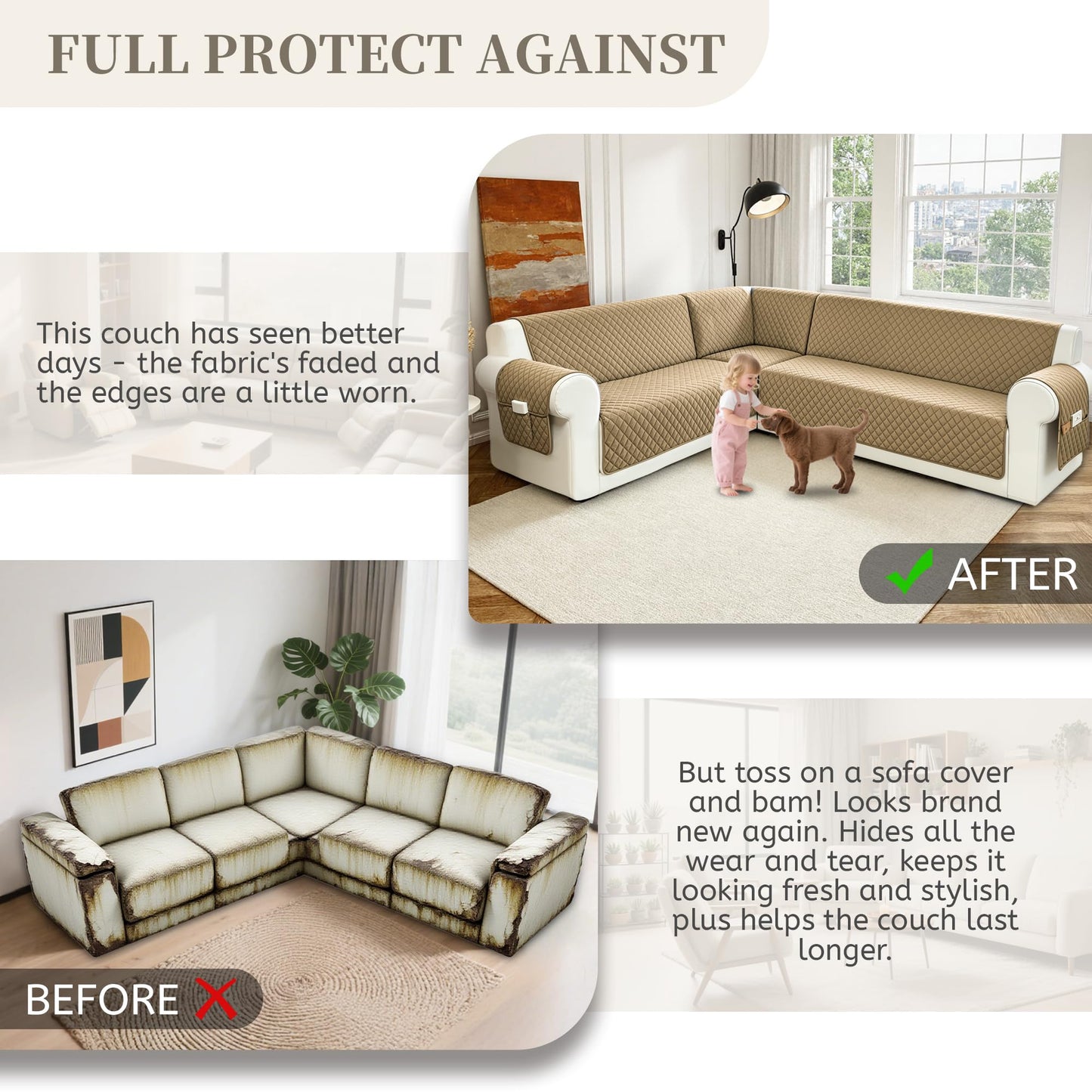 SYJOVIA Sectional Couch Covers for Dogs 100% Waterproof Corner L Shaped Sofa Cover Pet Friendly Velvet Washable Anti Slip L Shape Modular Sofa Slipcover Protector with Pockets (Light Brown, X-Large)
