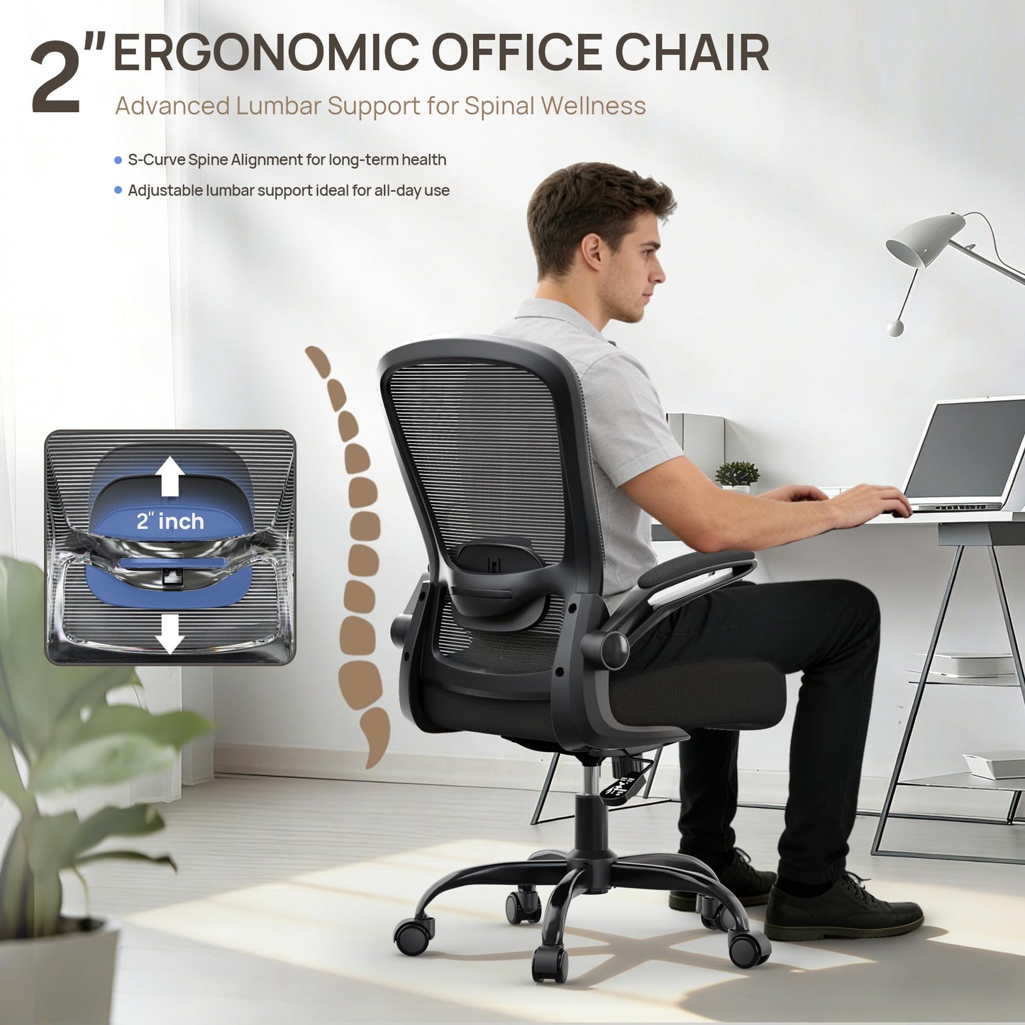 Mimoglad Ergonomic Office Chair - Desk Chair with Flip-up Armrests & 135° Recline, Adjustable Lumbar Support - Space-Saving Task Chair for Business/Team Office & Home (Black, 350lbs)