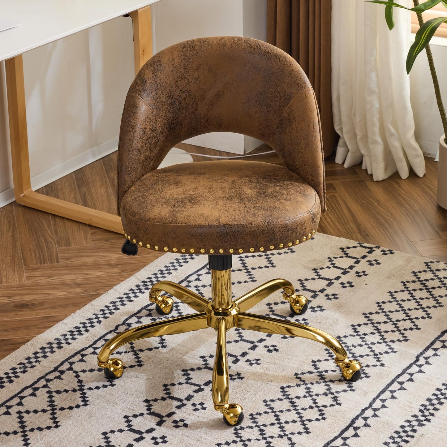 VINGLI Modern Velvet Small Office Chair,Cute Desk Chair with Wheels,Gold Base/Studs, Comfy Armless Swivel Vanity Task Chair for Women/Girl/Kids, Nail Tech Chair for Bedroom,Small Space,Rustic