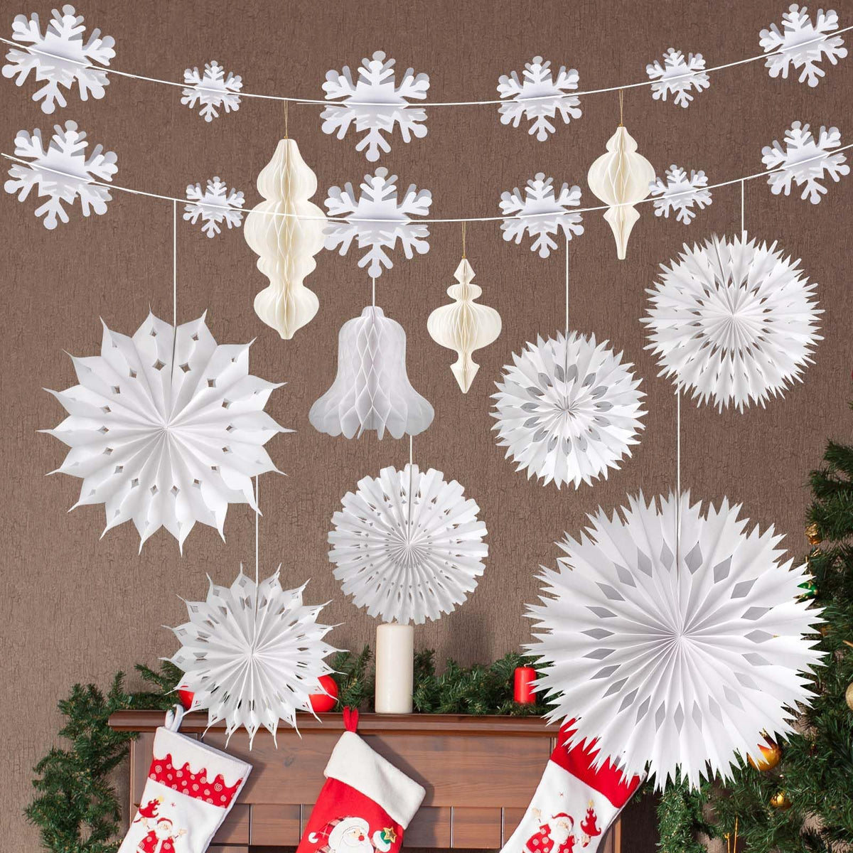 White Christmas Hanging Decorations Set, 3D Paper Honeycomb Ornaments Decorative Honeycomb Bell Lanterns with Lights, Paper Snowflake Fans Garlands for Xmas Tree Winter Wonderland Holiday Party Decor
