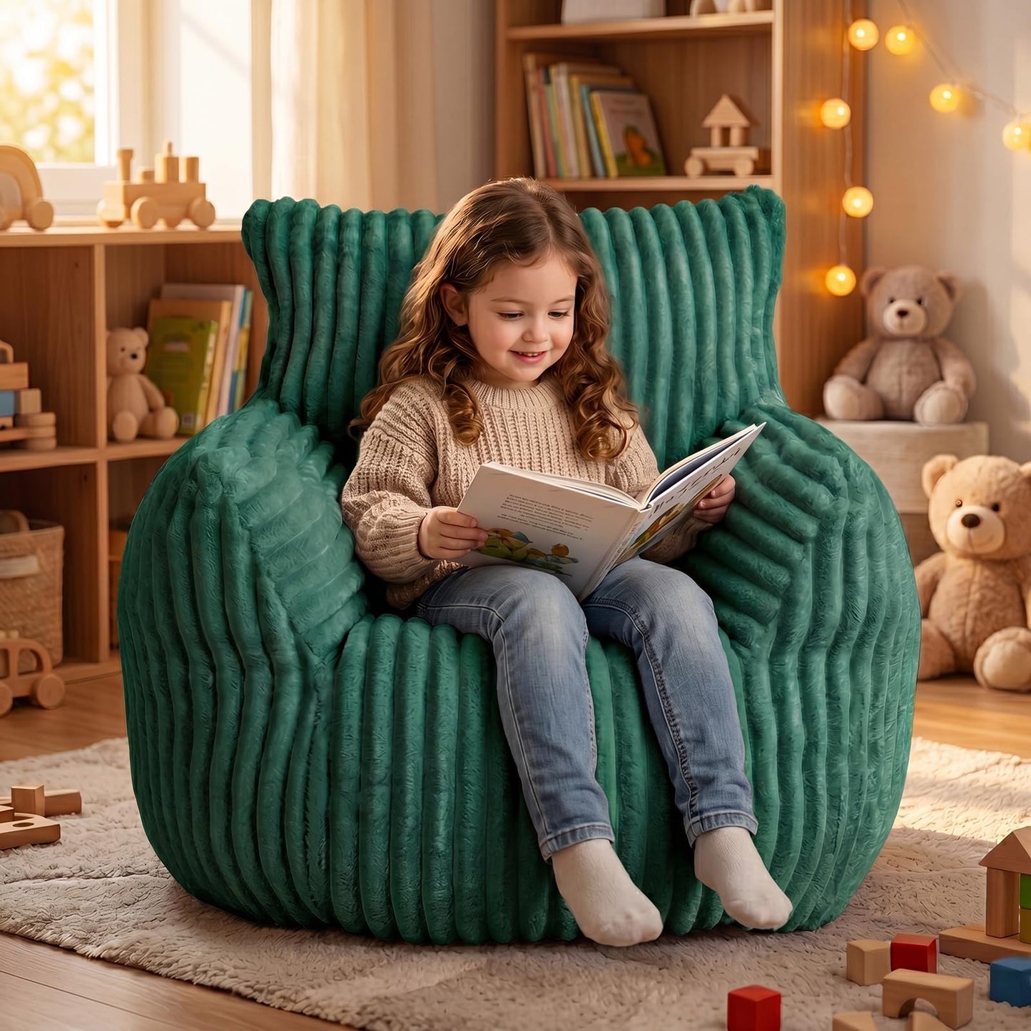 MaxiBean Bean Bag Chair - Plush Faux Fur Floor Seating Furniture Bean Bag Chair for Living Room, Bedroom, Playroom (2.5FT Stripe Green)