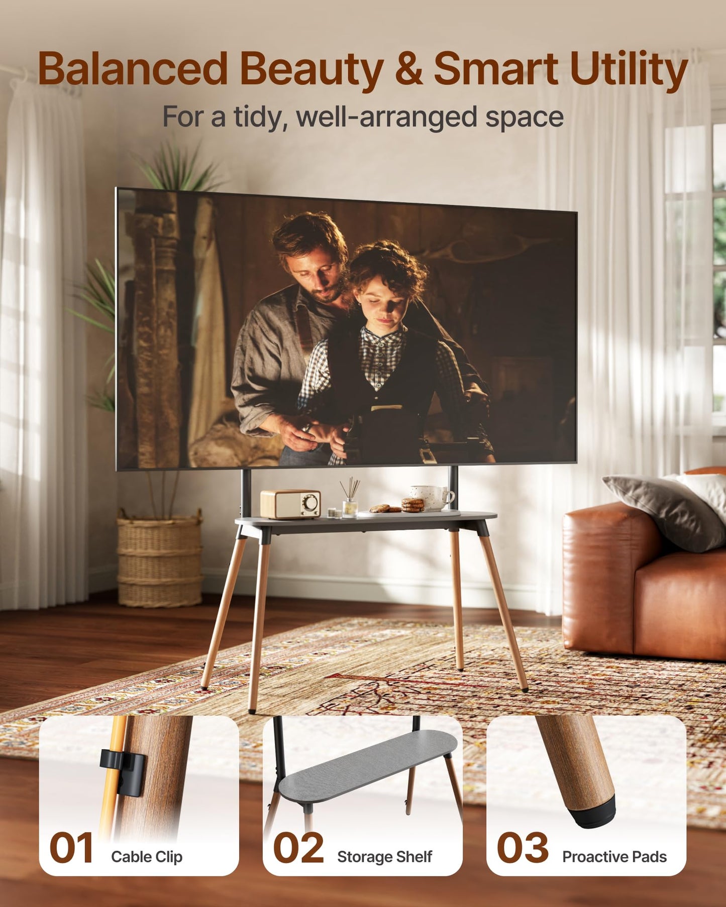ECOTINY Easel Floor TV Stand with Storage for 49-86 inch TVs, Height Adjustable 4-Leg Universal TV Stand with Cable Management & Protective Pads, Holds 110 lbs for Living Room, Office, School, Black