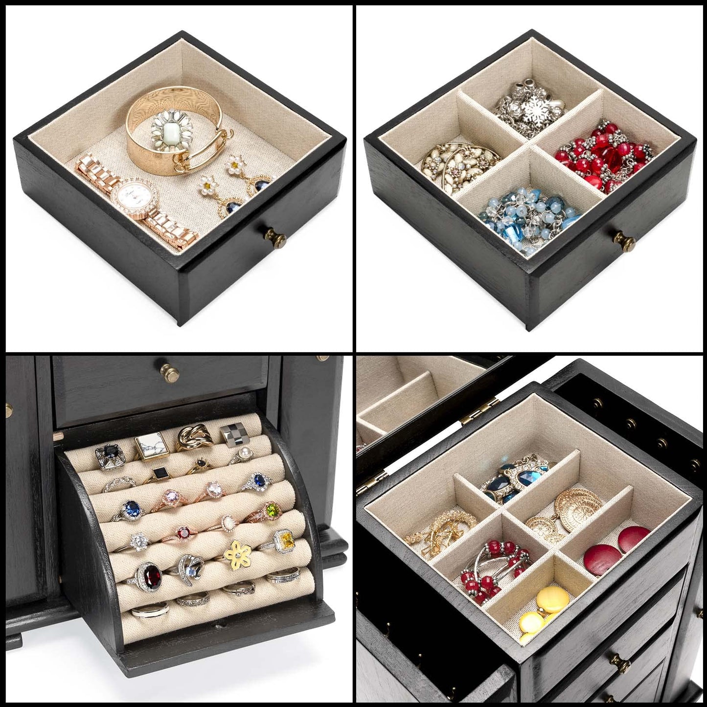 Emfogo Jewelry Box for Women, Rustic Wooden Jewelry Boxes & Organizers with Mirror, 4 Layer Jewelry Organizer Box Display for Rings Earrings Necklaces Bracelets (Black)