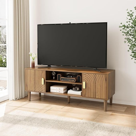 Smuxee Walnut TV Stand with Line Groove Design, 47.2" Mid Century Modern TV