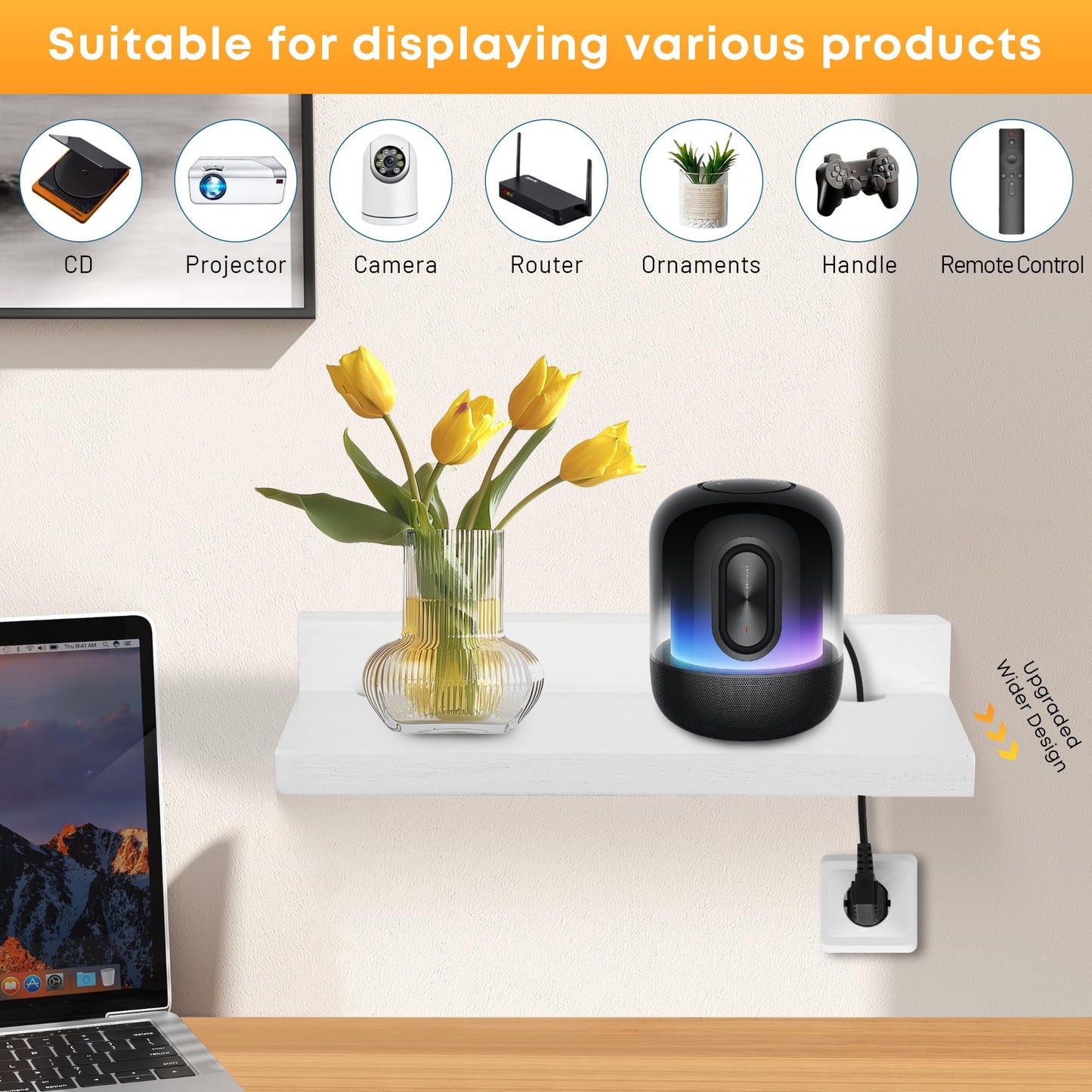 FURAOMEILI Small Floating Shelf for Wall,9X5 Inch Wall Mounted Shelf with Cord Hole,Small Display Shelves for Cameras, Webcam, Router,Smart Speaker,Action Figures-2 Pcs(White