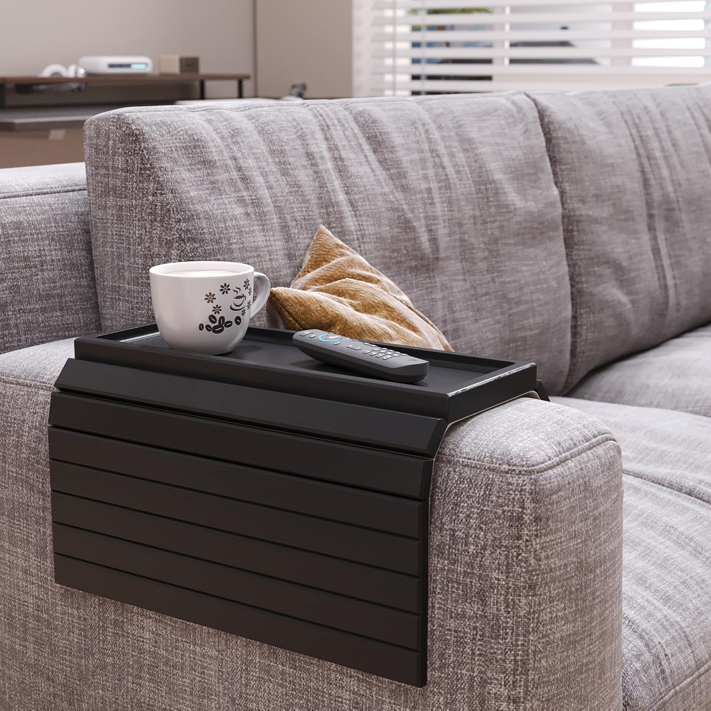 Danfoxer Sofa Arm Tray,Bamboo Folding Couch Arm Tray,Sofa Armrest Trays with Anti-Slip Pad for Drinks,Snacks,Phone,Remote Control（Black）