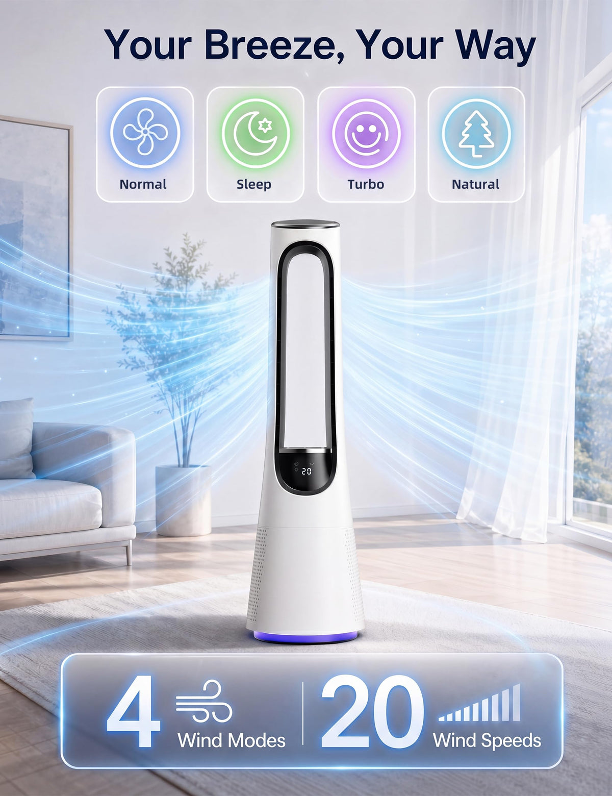 MEPTY 38" Bladeless Tower Fan for Bedroom,Standing Fan with 5-Color LED,120°Adjustable Oscillating,20 Speeds & 4 Modes,Quiet DC Motor,Cooling Fan for Home Office Use