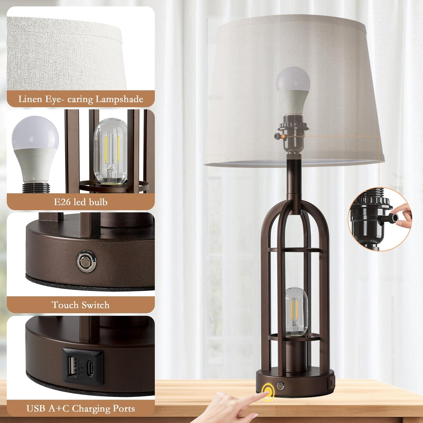 SRJJA 24" Table Lamps for Living Room Set of 2, Rustic Farmhouse 3-Way Dimmable Touch Industrial Bedside Lamps with USB A+C for Bedroom Nightstand，4 Bulbs Included