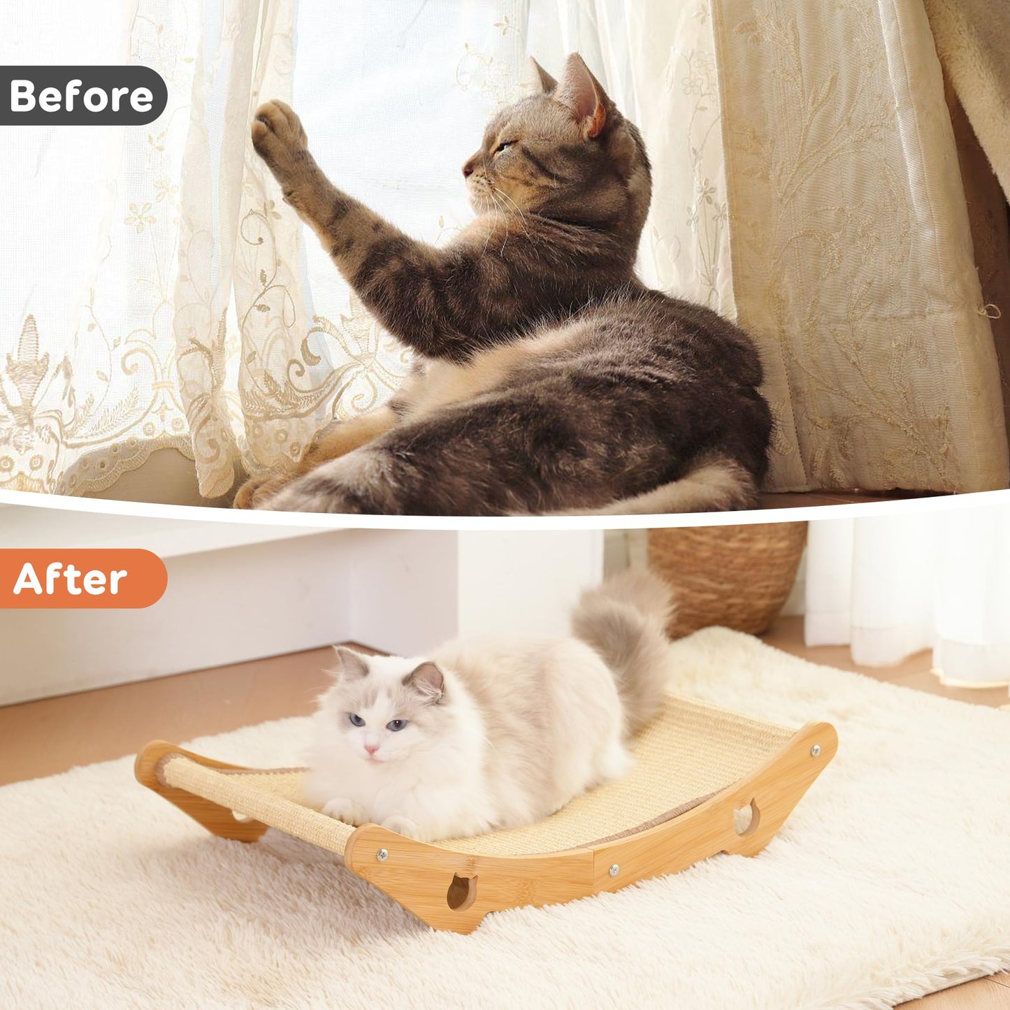 Cat Scratcher Hammock Bed, U-Shaped Wood Sisal Lounger, Furniture Protector