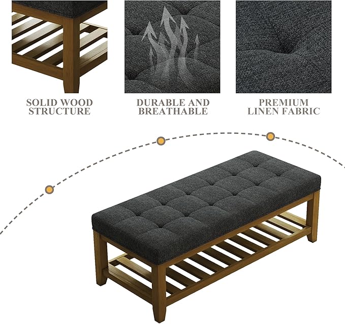 Befurtori Large Rectangular Upholstered Ottoman Bench, Linen Tufted Footrest