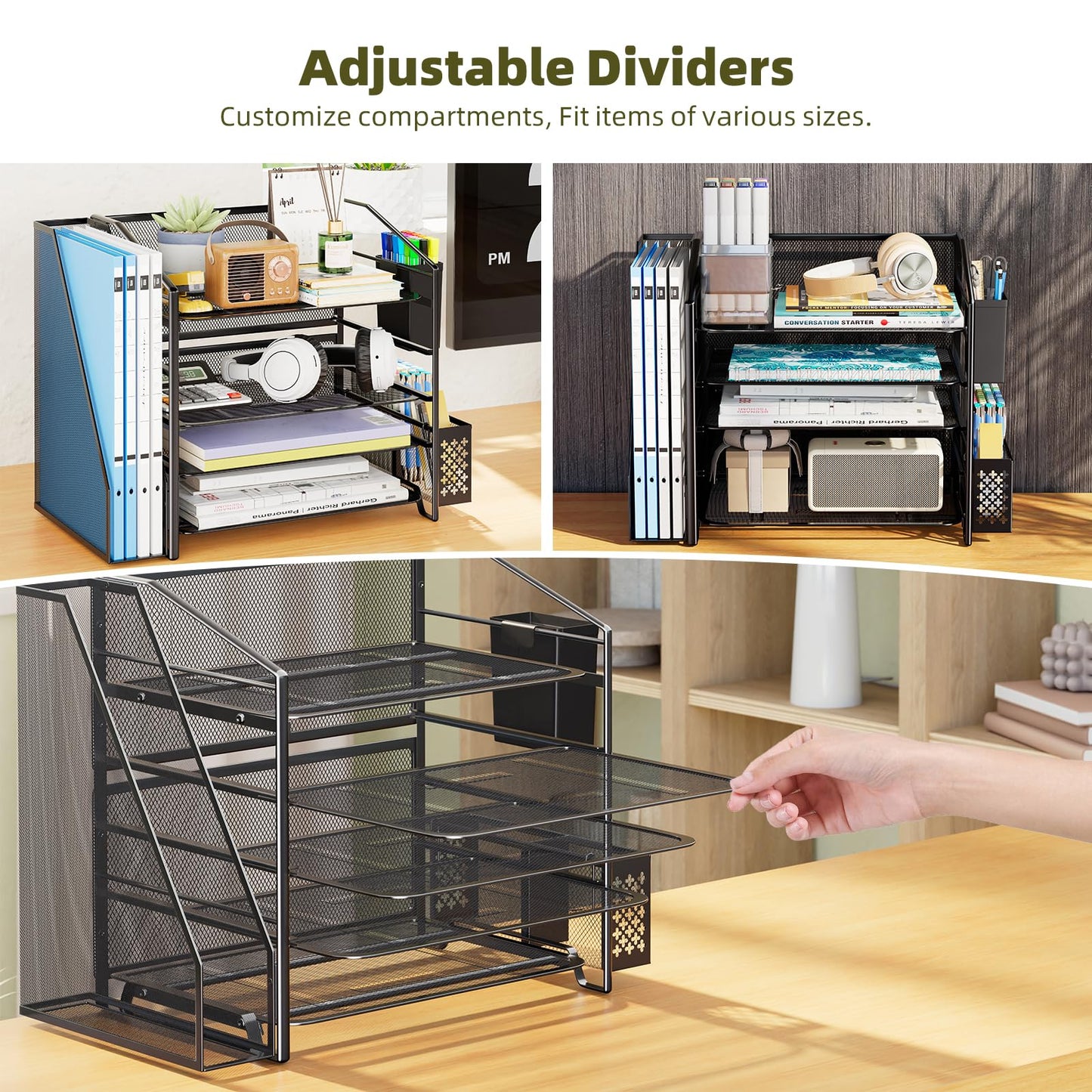 Simple Trending Desk Organizers and Accessories, 5-Tier Desk File Organizer, Paper Letter Tray Organizer with File Holder and Pen Container, Black