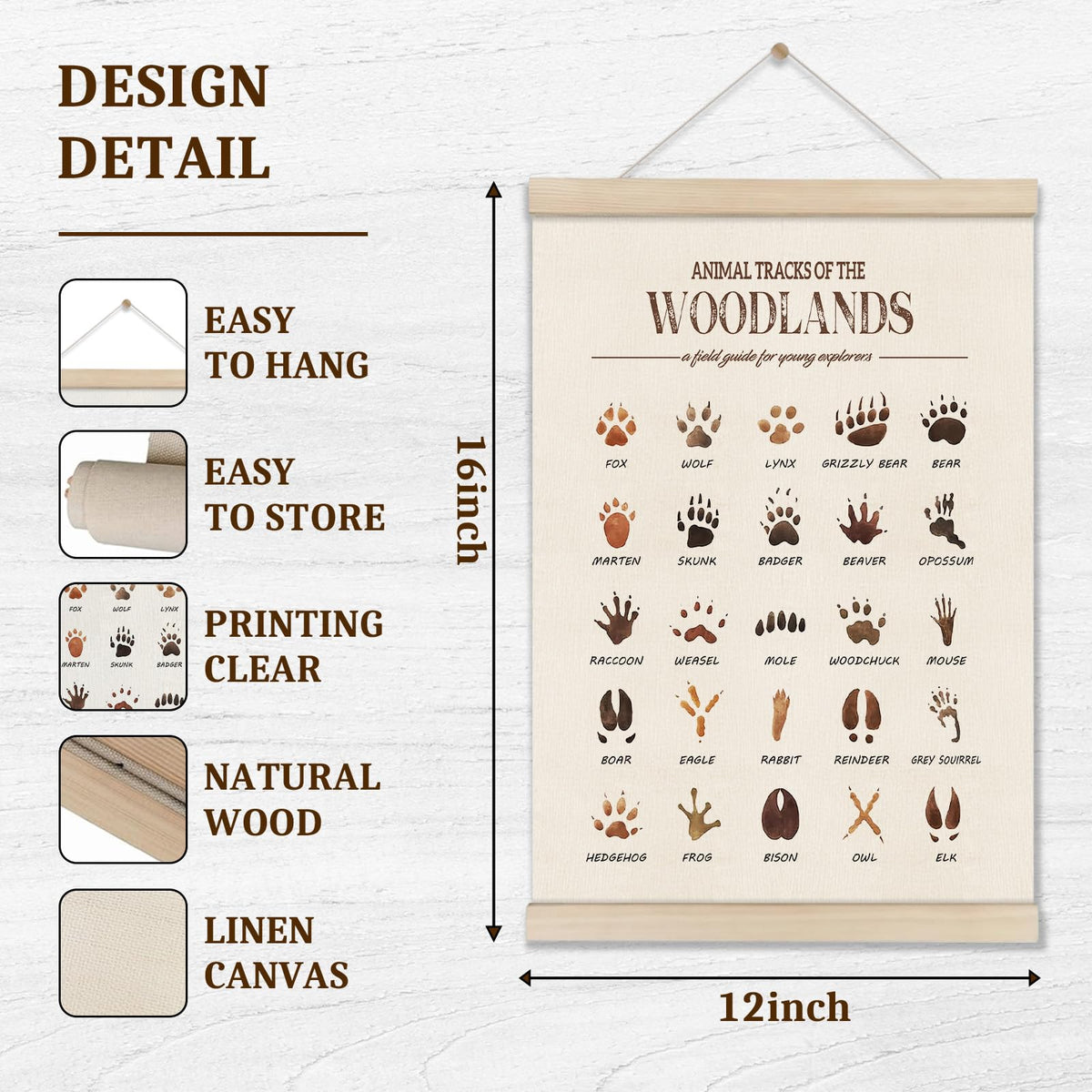 DOI-LANEE Woodland Tracks Poster Hanger Frame, Canvas Artwork Woodland Nursery, Jungle Nursery Decor, Animal Tracks Field Guide Sign, Forest Wall Art, Boy Wall Decor