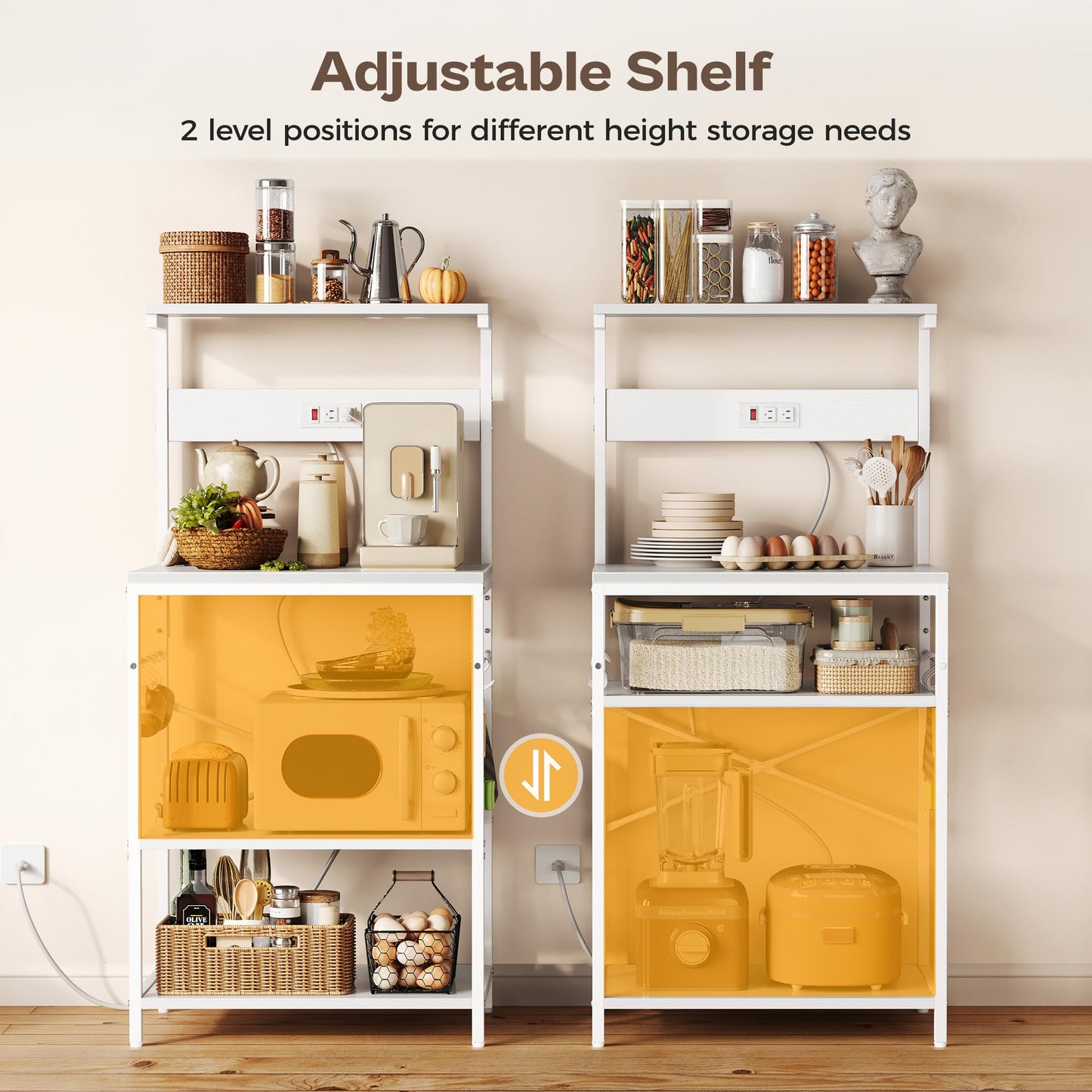 SUPERJARE Kitchen Bakers Rack with Power Outlet, Coffee Bar Table 4 Tiers, Kitchen Microwave Stand with 6 S-Shaped Hooks, Storage Shelf Rack for Spices, Pots and Pans - White