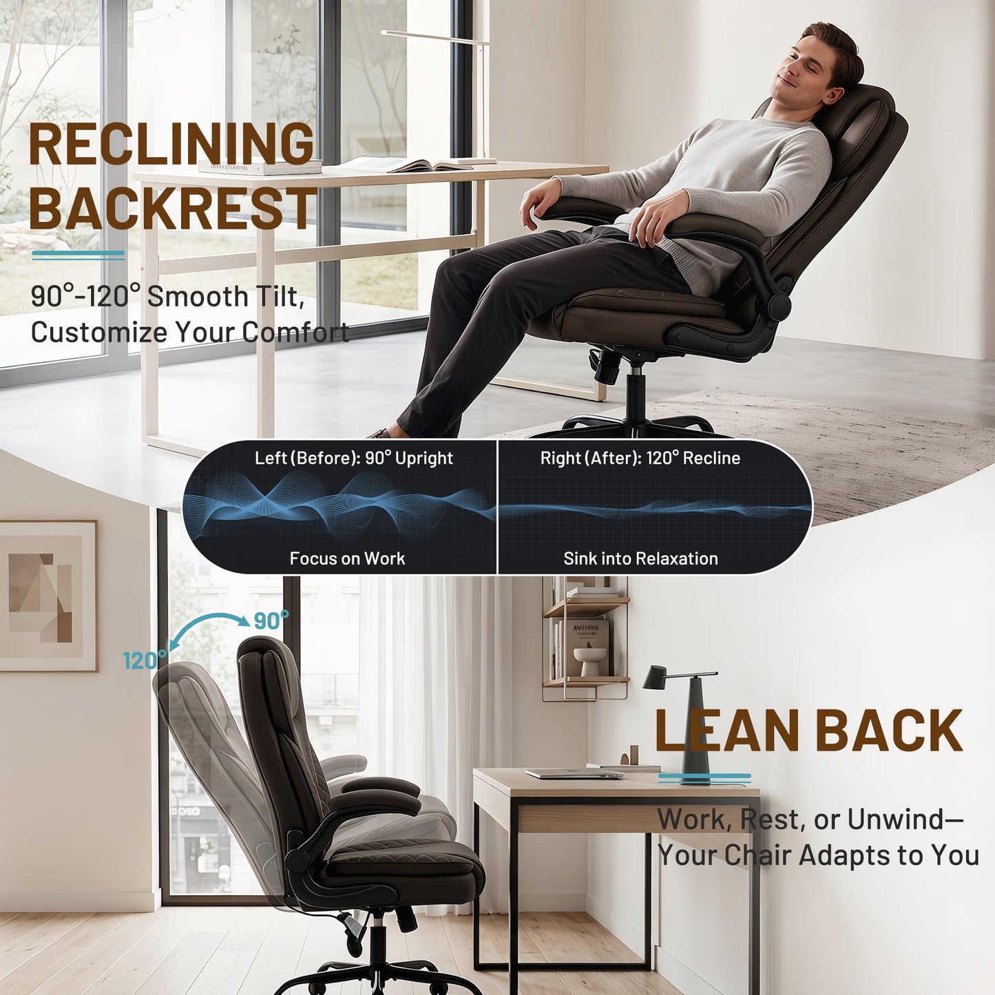 Hayelf Ergonomic Office Chair, PU Leather High Back Executive Chair with Adjustable Inflatable Lumbar Support and Padded Flip-Up Arms, Recline Swivel Task Computer Chair for Home Office, Dark Brown