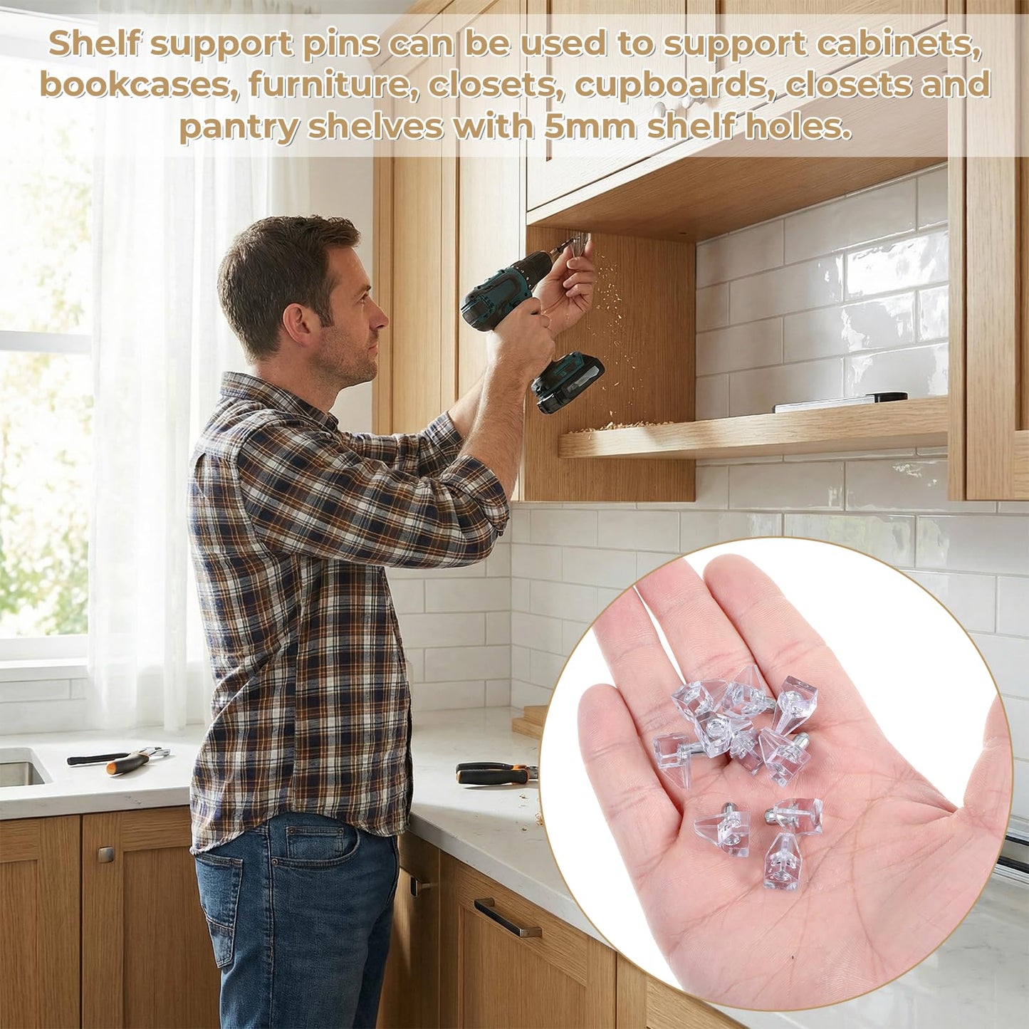 SULIKJHUI 40 Pcs Shelf Support Pegs, 5mm Shelf Pegs for Kitchen Cupboard, Sturdy Cabinet Shelives Pins for Bookshelf, Wardrobe & Modular Furniture, Easy to Install, Transparent