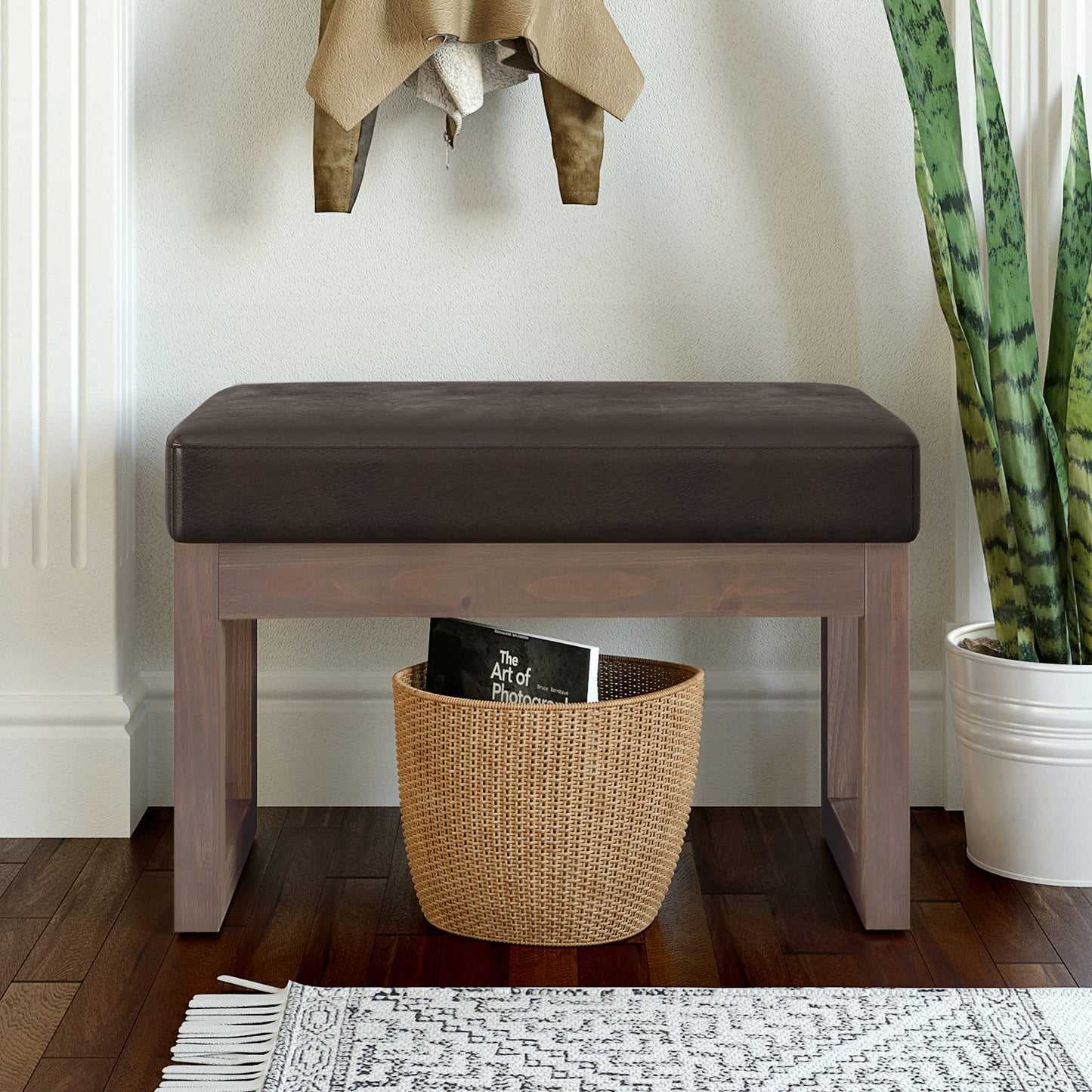 SIMPLIHOME Milltown Small Ottoman Bench - 27 inch Wide Upholstered Vegan Leather Rectangle Footstool Ottoman in Distressed Brown, Contemporary Bench for Bedroom with Cushioned Seat