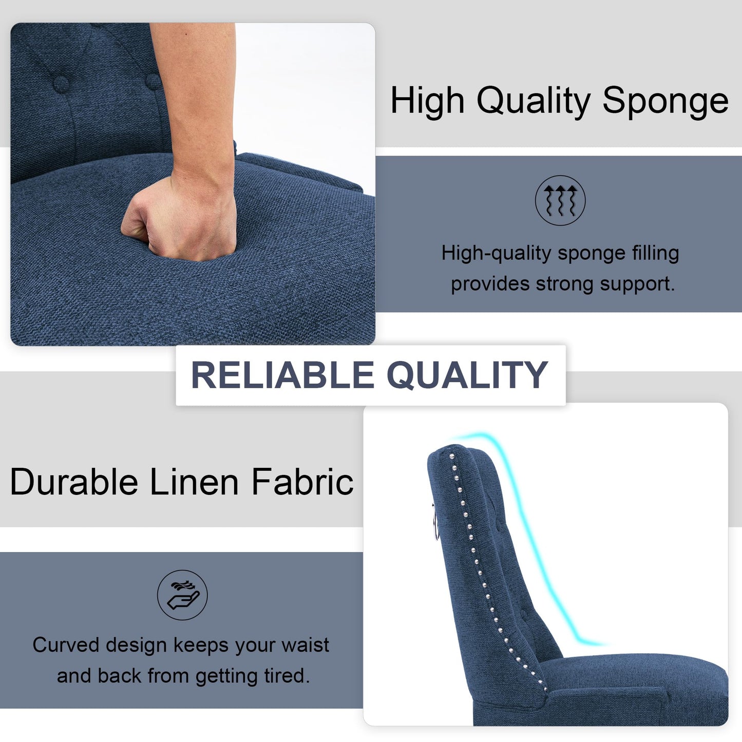 UDAX Upholstered Tufted Dining Chairs Set of 4, Fabric Side Dining Room Chairs with Nailhead Back Ring Pull Trim Solid Wood Legs, Dark Blue