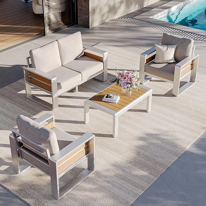 Aoxun Aluminum Outdoor Patio Furniture Set, 3 Seats Metal Sectional Patio