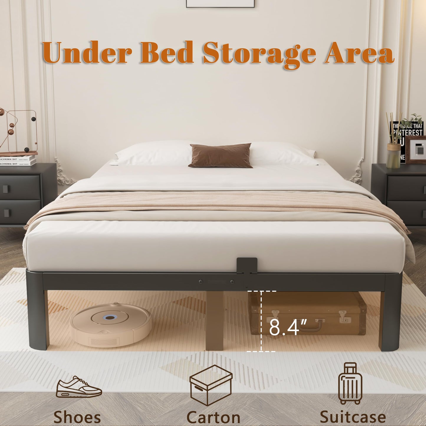 KOSOSO 10 Inch Full Size Bed Frame, Black Bed Frame Full with Metal Gaskets, No Box Spring Needed, Rounded Corner Design, Heavy Duty Steel Platform Support, Reserved Holes, Storage Space, Noiseless