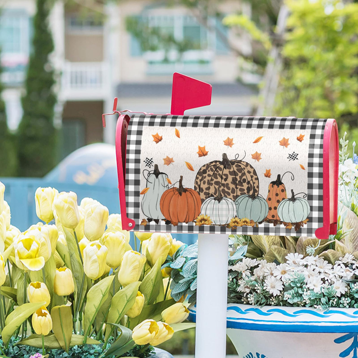 Fall Magnetic Mailbox Covers Buffalo Plaid Harvest Pumpkin Post Wraps Pumpkins Maple Leaf Decorative Waterproof Mail Box Covers Autumn Thanksgiving Holiday Letter Box Cover for Garden Yard 25.5x21inch