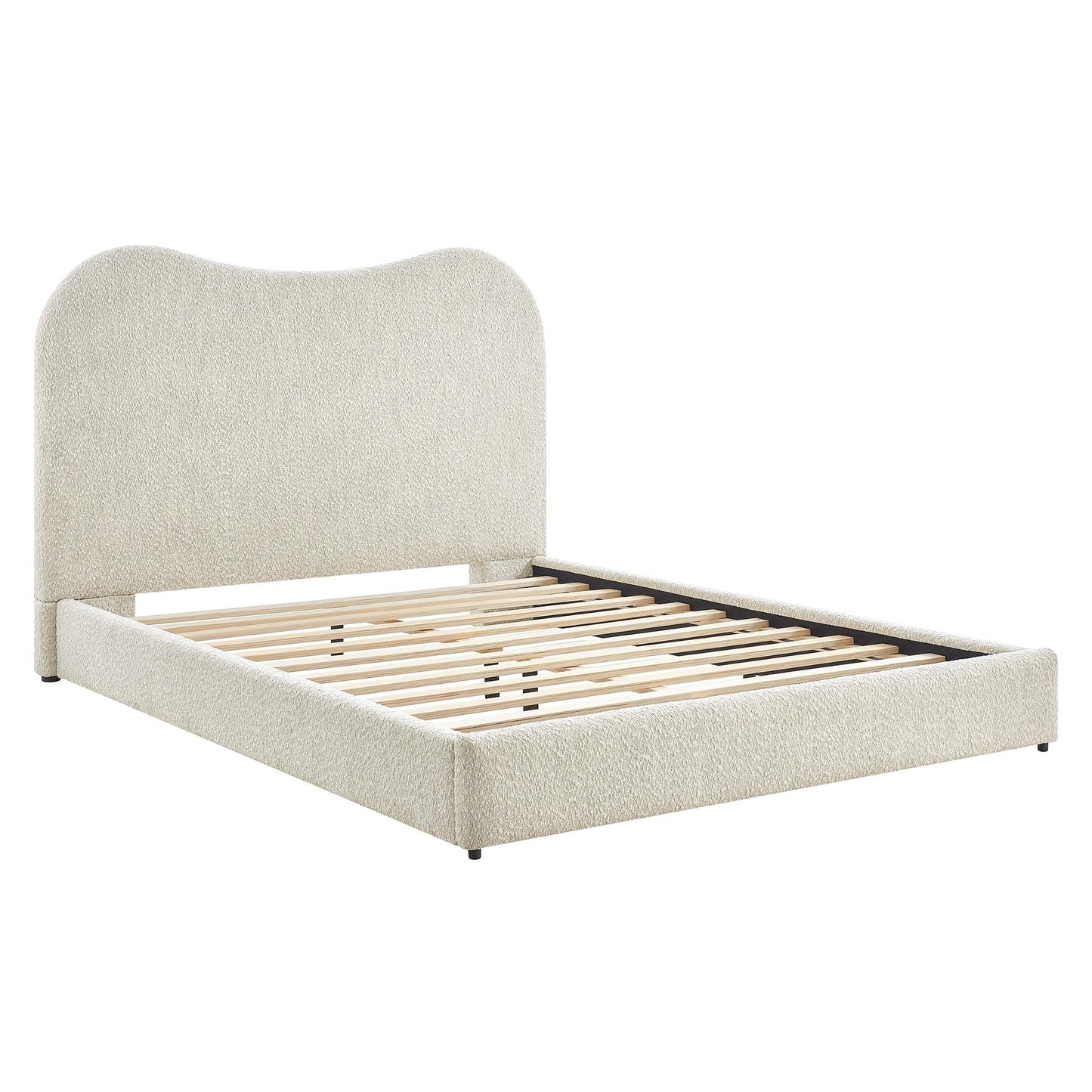Seluna Queen Size Boucle Platform Bed in Pearl with Curved Headboard – Upholstered Queen Bed Frame with Wood Slats