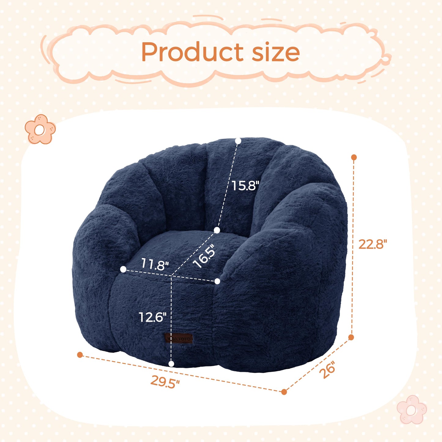 MAXYOYO Kids Bean Bag Chair, Floral Shaped Bean Bag Sofa, Plush Faux Fur Toddler Couch with Petal Backrest for Boys Girls, Stuffed Cozy Sofa for Nursery, Bedroom, Navy