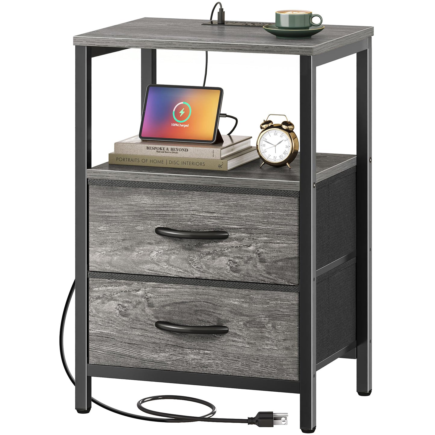 Huuger Nightstand with Charging Station, Fabric Drawers, End Table with Open Shelf, Bedside Table with USB Ports and Outlets, Night Stand for Bedroom, Gray