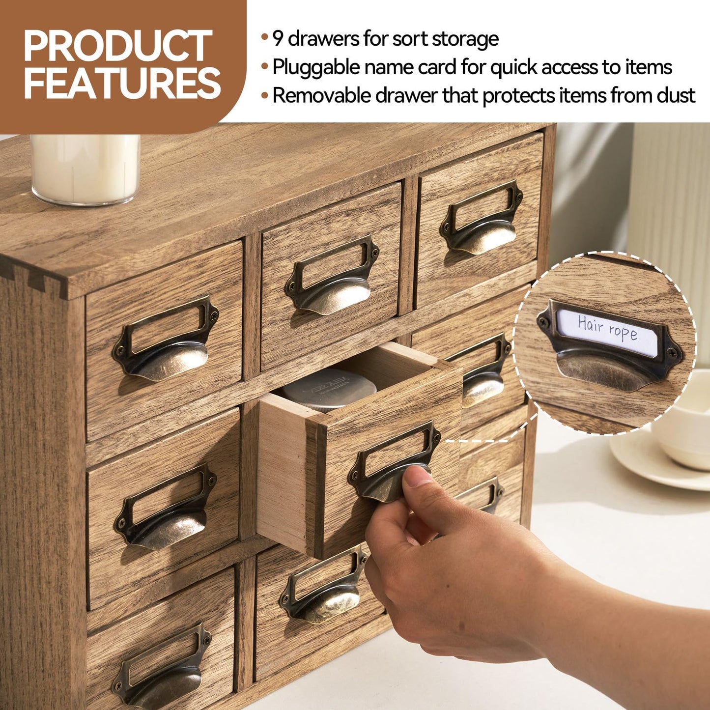 KIRIGEN Wooden Desk Storage Cabinet with 9 Mini Drawers, Solid Wood Desktop Organizer with Metal Label Handles for Office Supplies, Crafts, Tea Bags, Makeup, Brown 9CG-DBR