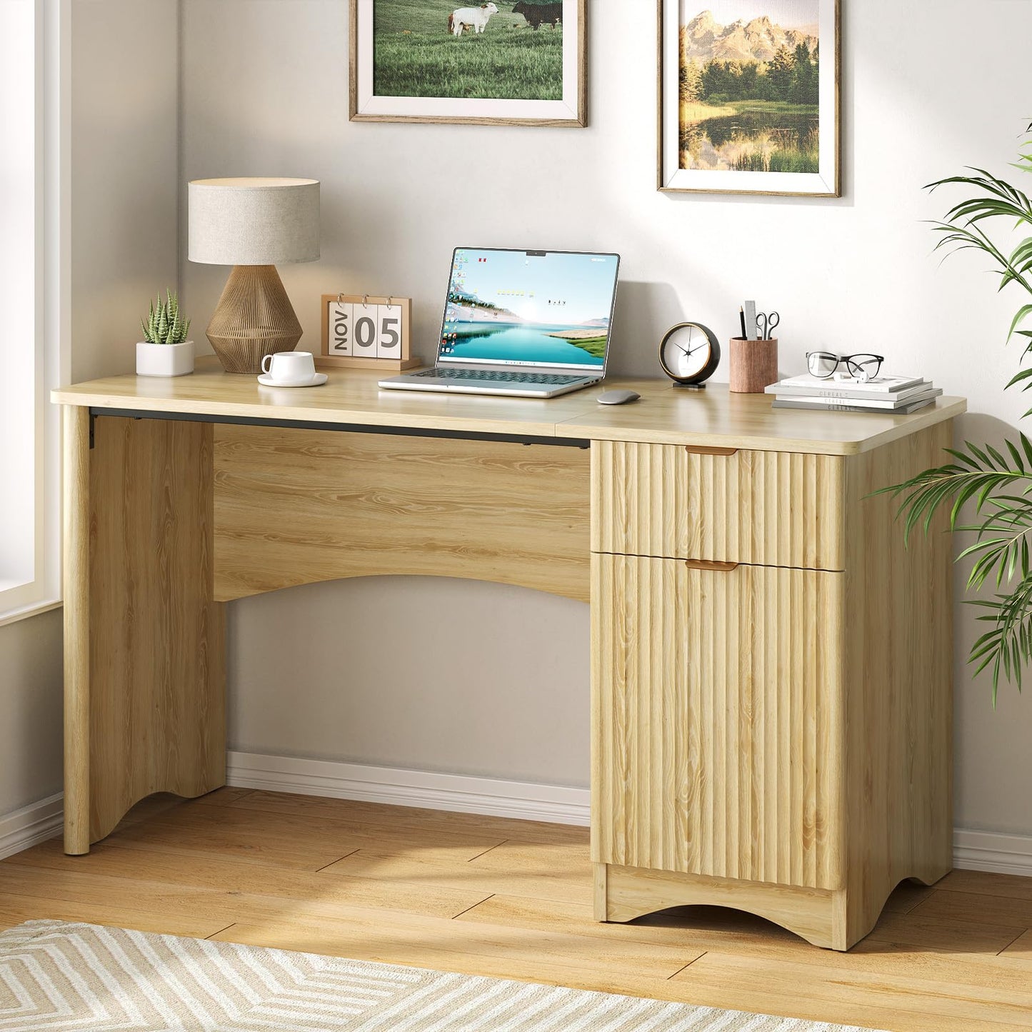 Bestier 47 inch Fluted Computer Desk with Drawer, Office Desk with File Cabinet, Modern Wood Desk with Storage Cabinet for Home Office Bedroom Study, Natual Oak