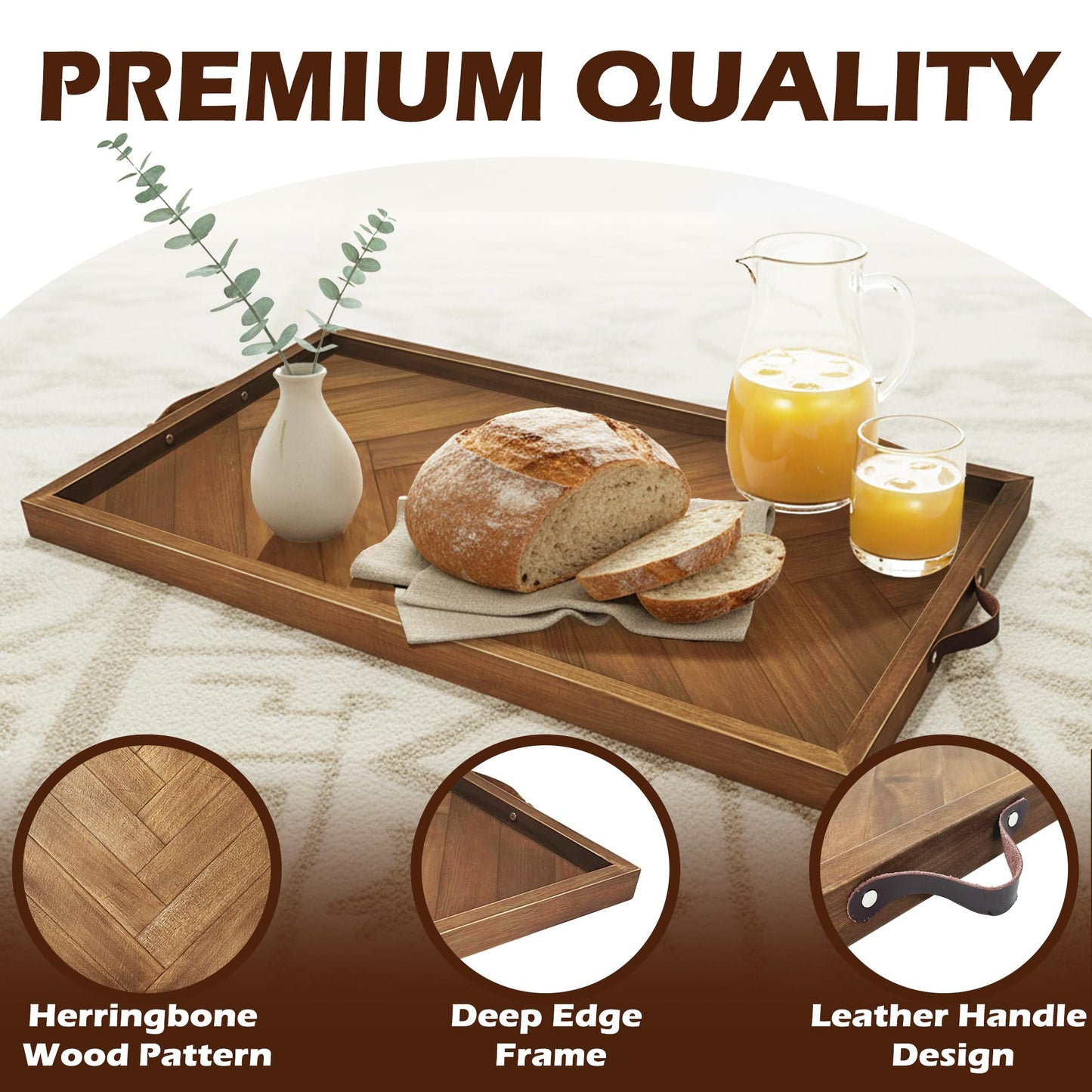 Extra Large Ottoman Tray Rectangle, 32.5"x18.5" Wooden Ottoman Trays with Leather Handles, Rustic Decorative Storage Tray for Ottoman