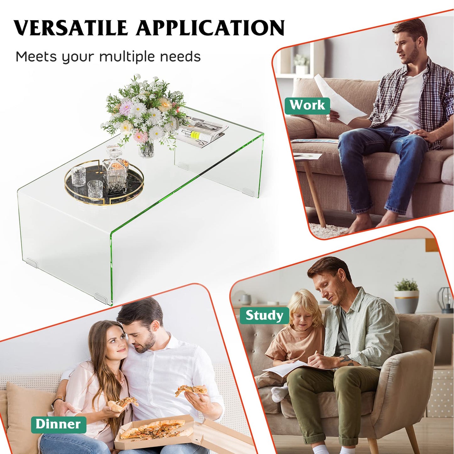 ReunionG Glass Coffee Table, Modern Clear Coffee Table with Rounded Edges, Transparent Tempered Glass Coffee Table, U-Shaped Side Table for Living Room Office, 42.5" x 20" x 14" (L x W x H)