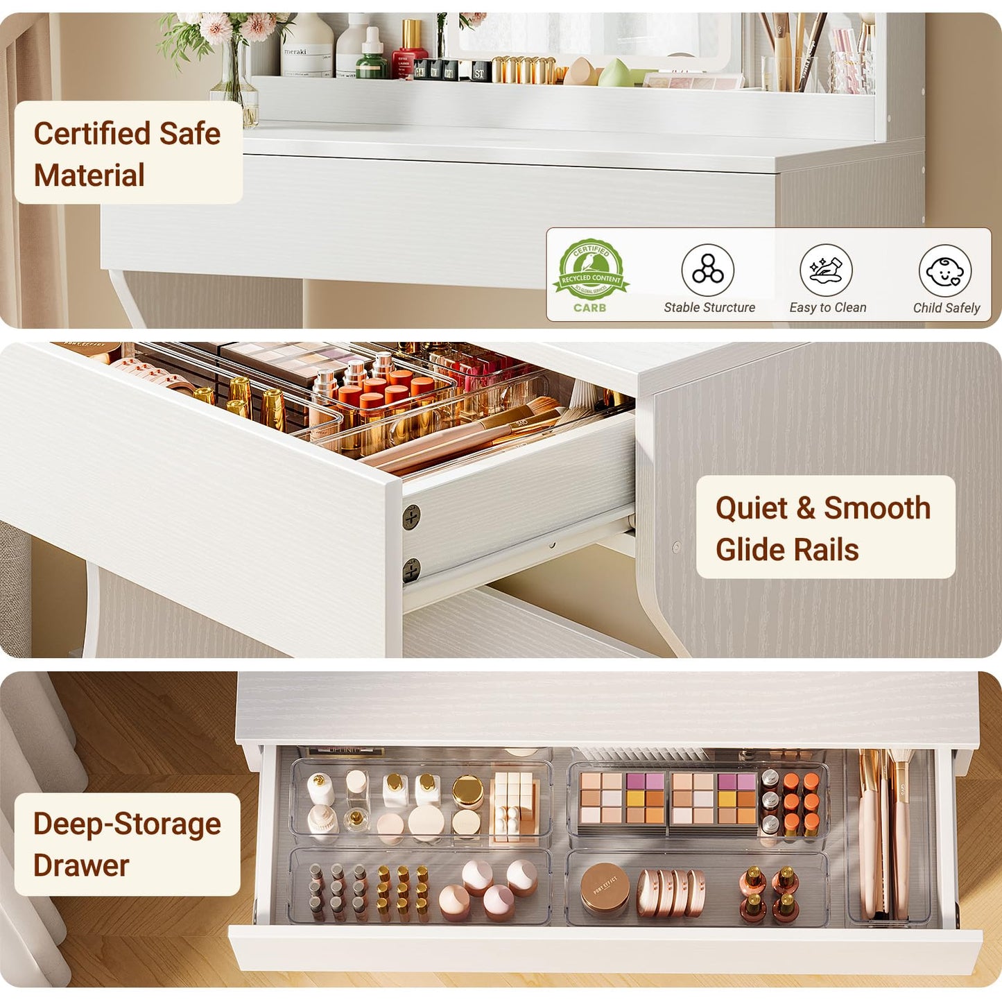 Driftalia Small Vanity Desk with Mirror and Lights, Makeup Vanity with Storage Drawer, 2 Shelves and 3 Compartments - White