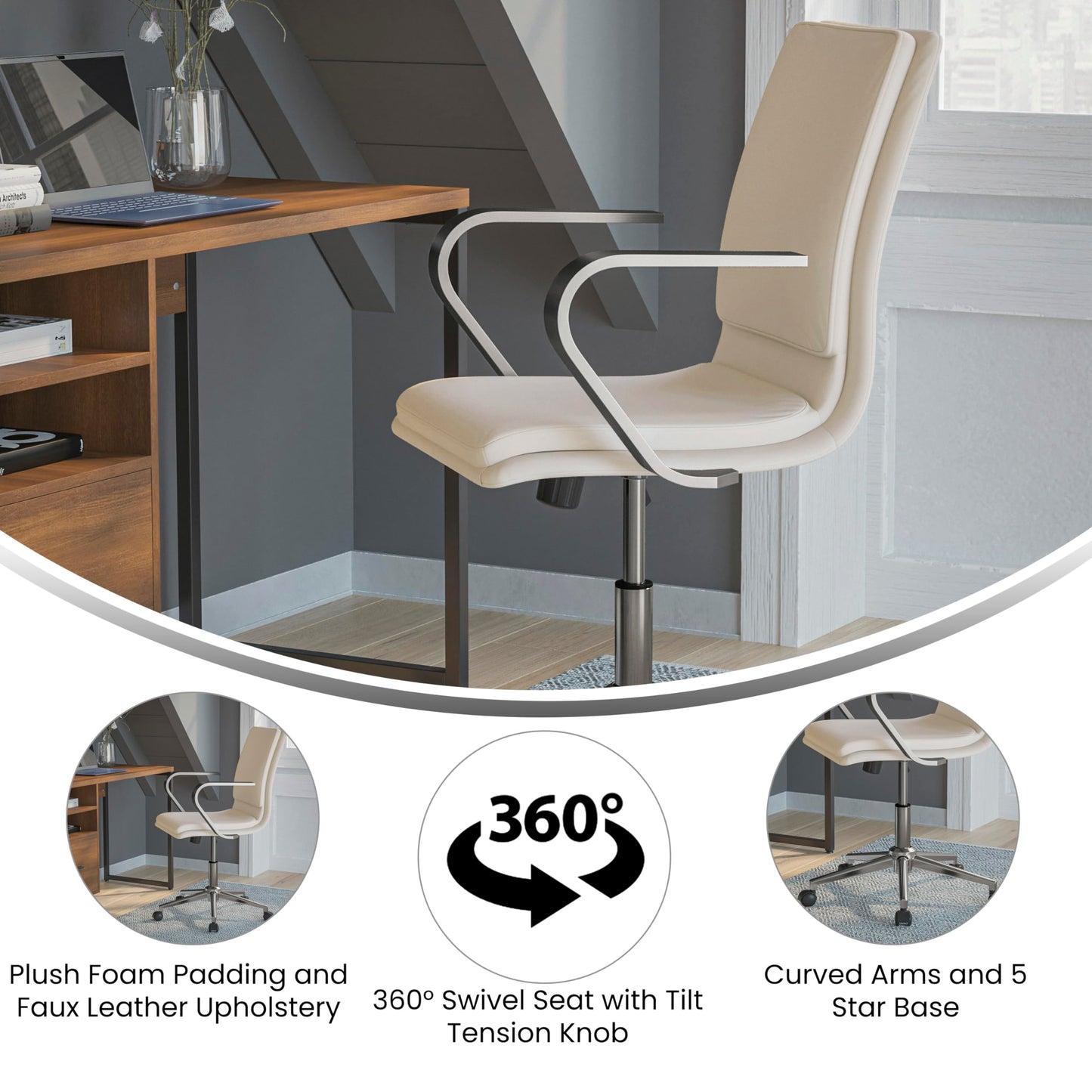 Flash Furniture James Mid-Back Designer Executive Office Chair - Taupe LeatherSoft Upholstery - Brushed Chrome Base and Arms - Height Adjustable 360° Swivel Seat