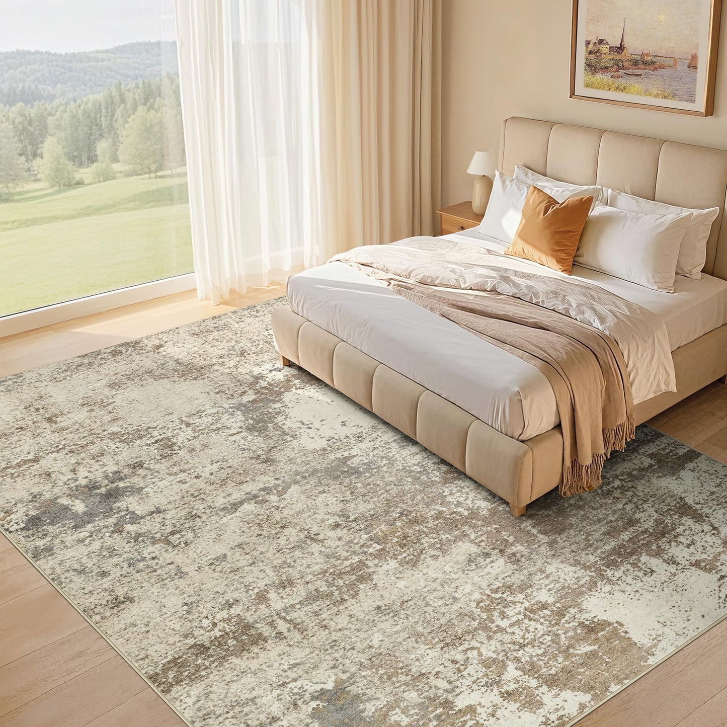 Micgeek Area Rug Living Room - 9X12 Abstract Washable Large Soft Foldable Non Slip Rug Neutral Modern Low Pile Carpet for Bedroom Nursery Dining Room Farmhouse Home Office Indoor - Khaki