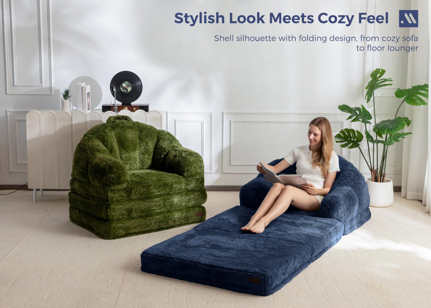 MAXYOYO Folding Sofa Bed, 2 in 1 Convertible Sofa to Lounger Comfy Single Bean Bag Chair for Adults, Floor Couch with Handle, Faux Fur Couch Bed for Living Room Bedroom, Navy