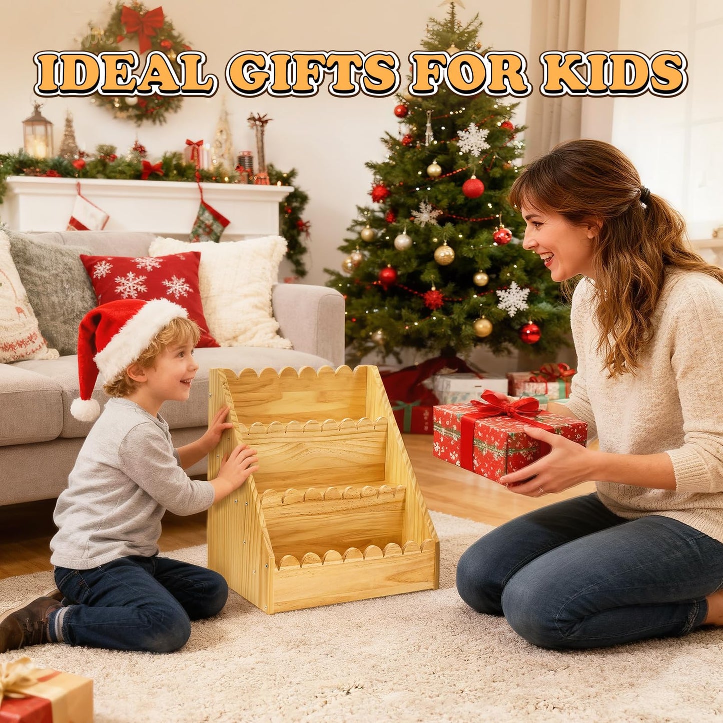 LILXIU 3-Tier Scalloped Bookshelf, Montessori Bookcase for Toddlers, Wooden Book Shelf for Kids Rooms, Playroom Nursery Classroom Organizer and Display Furniture