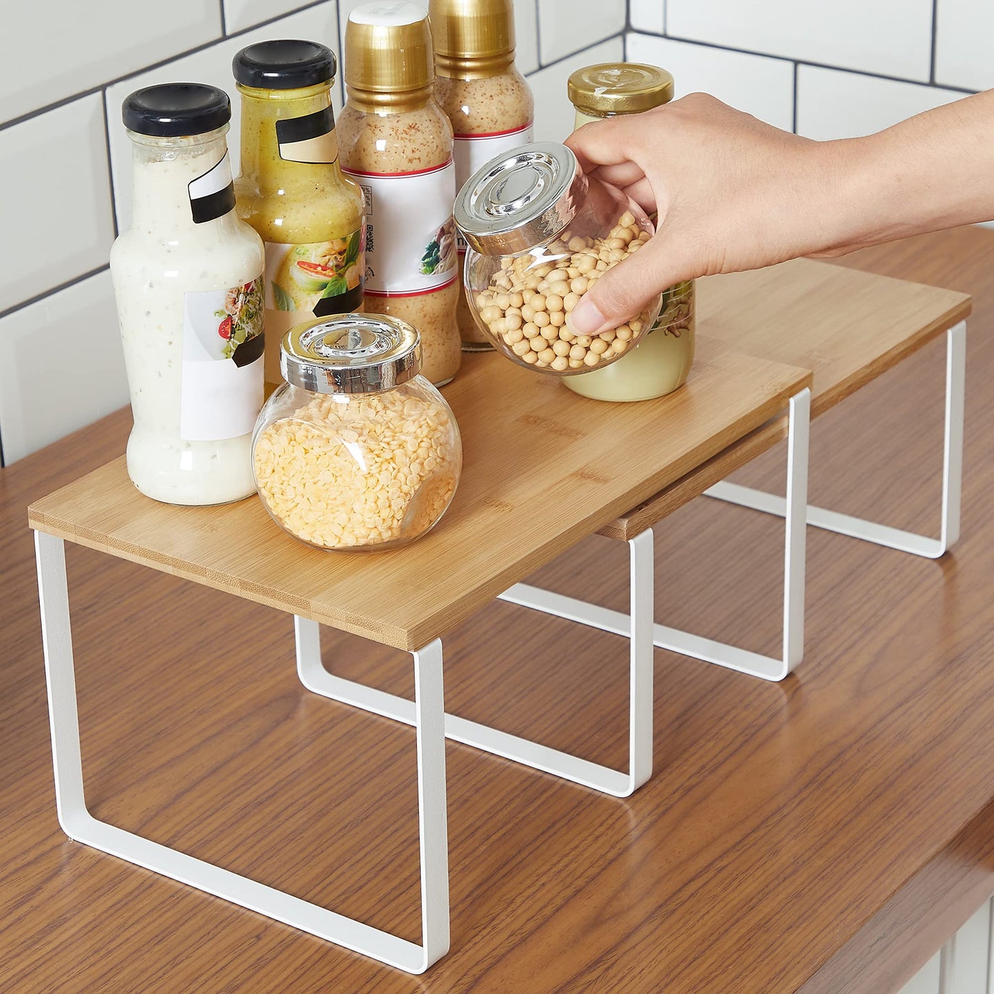 SONGMICS Kitchen Counter Organizers and Cabinet Shelves Bundle, Set of 4 Expandable Kitchen Cabinet Shelves, Metal and Bamboo, Black, Natural, and White UKCS02NB and UKCS02NW